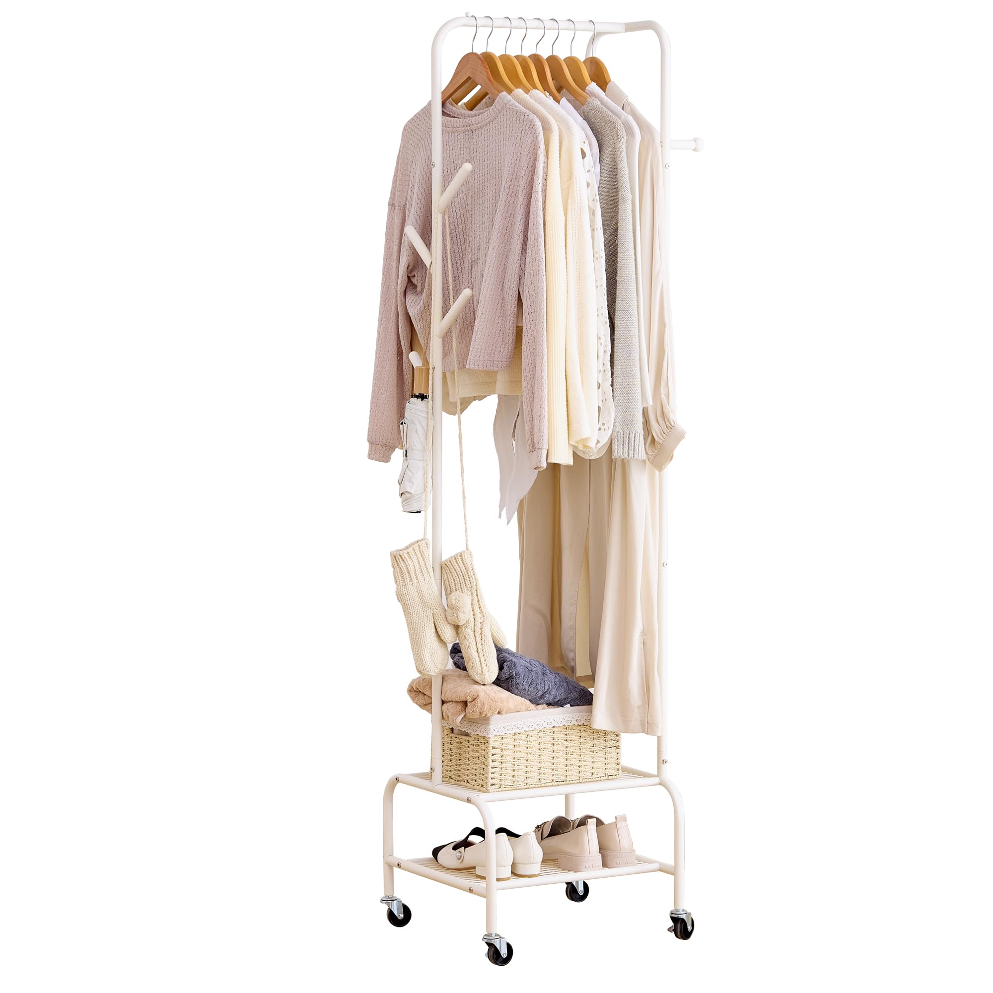 Rolling Coat Rack with Storage Shelf Freestanding Coat Rack Hall Tree with 6 Hooks for Entryway, Bedroom Metal Clothes Hanger Stand for Hats, Jackets, Bags,Shoes (White, Double-layer)