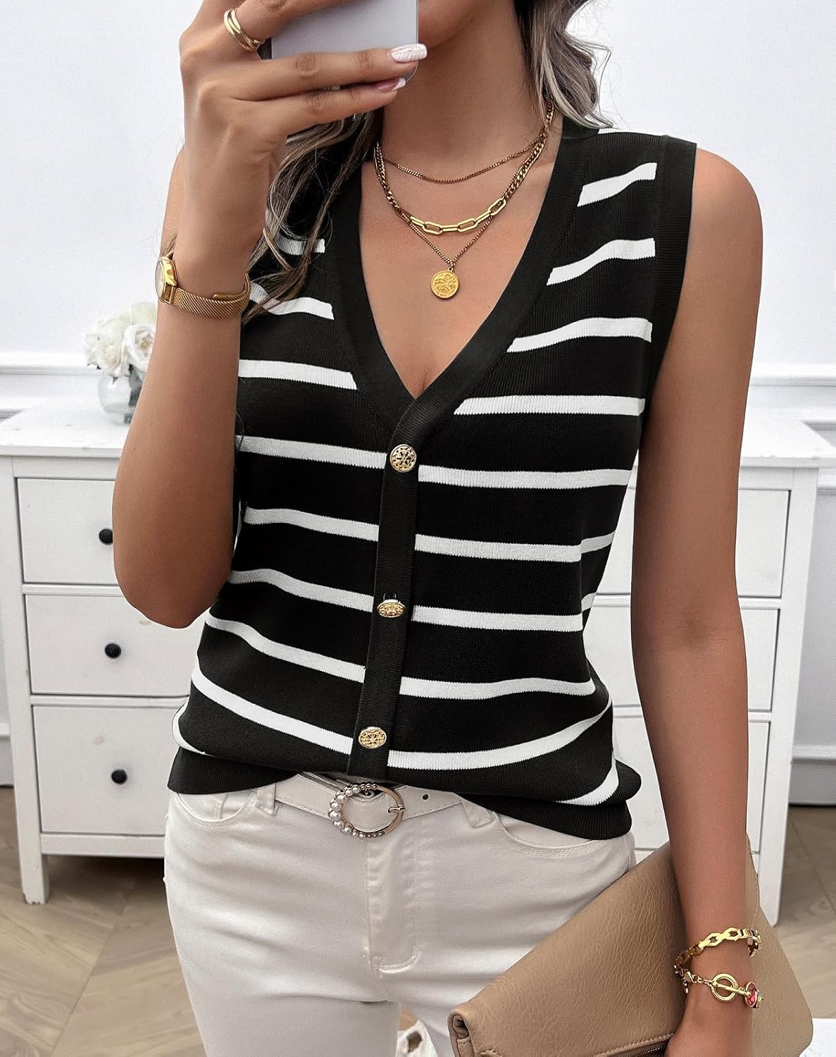 Ferrendo Women's Sweater Vest Sleeveless Striped V Neck Knit Tank Tops Button Front Cropped Vests 2026 Trendy - Image 4