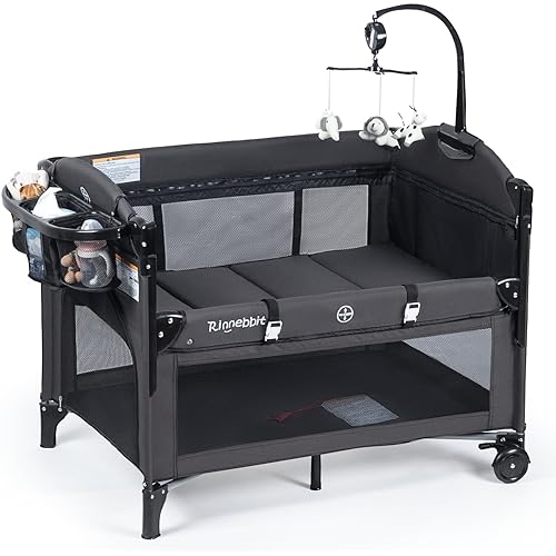 Baby Bassinets Bedside Sleeper, 4 in 1 Portable Bedside Crib w/Mattress, Diaper Changer, Storage Basket, Music Box, Carry Bag, Foldable Playard Sleeper for Newborn (Black)