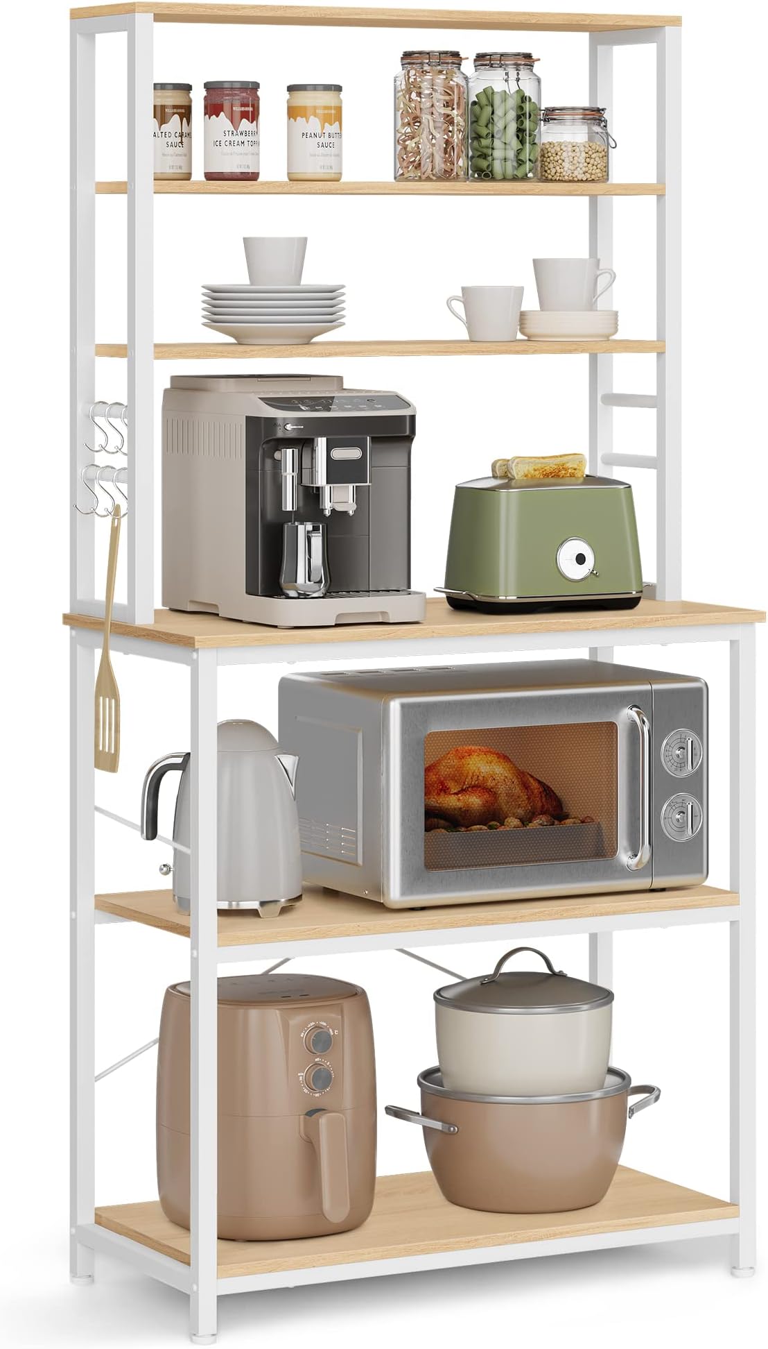 VASAGLE Kitchen Storage Rack, Coffee Bar, Baker's Rack, Total 6 Shelves and 6 Hooks, for Microwave, Steel Frame, Industrial, 40 x 80 x 167 cm, Golden Oak and Cloud White KKS019W09