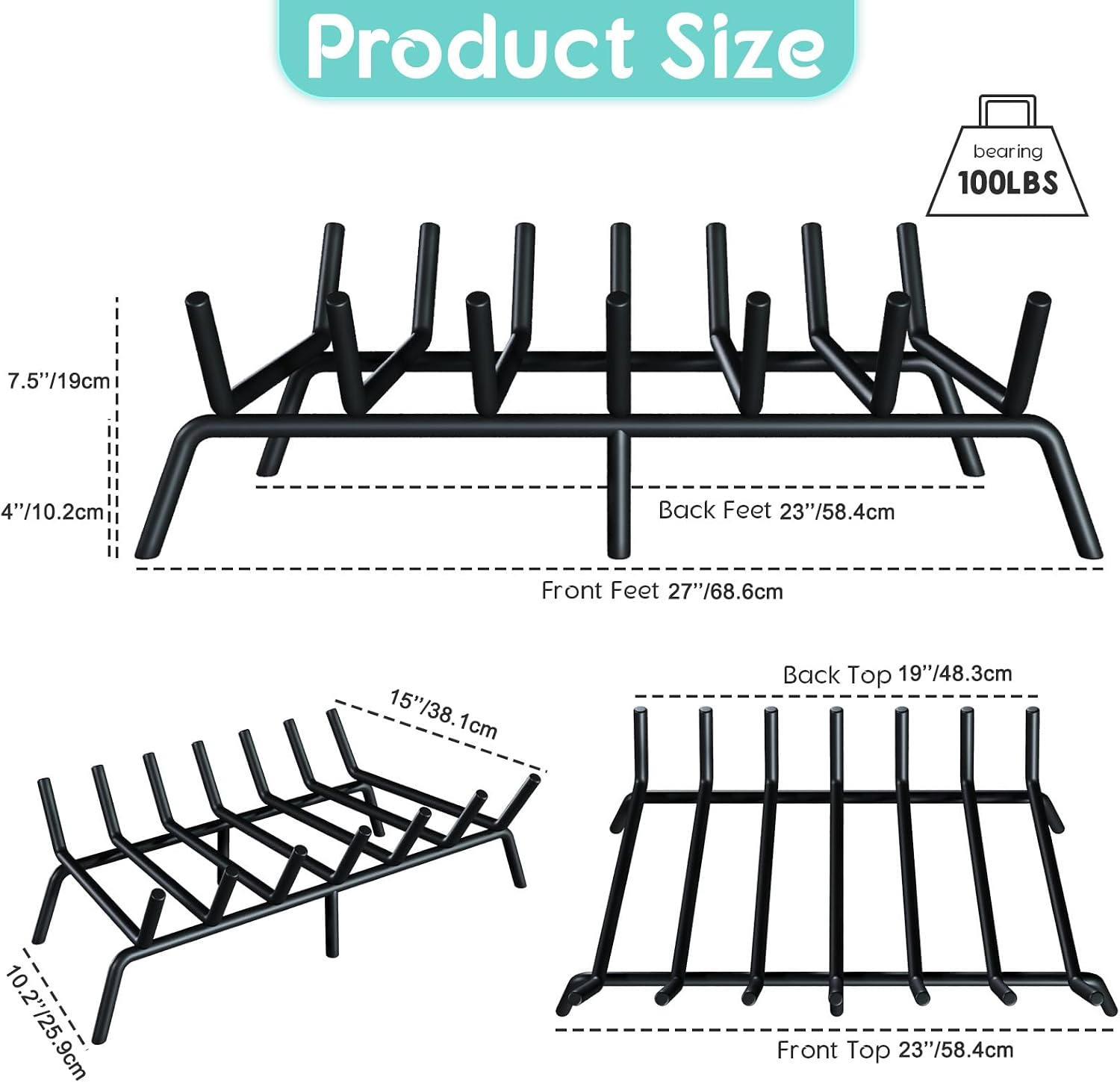 30-Inch Fireplace Grate, Heavy Duty 7-Bar Log Rack Holder image 2