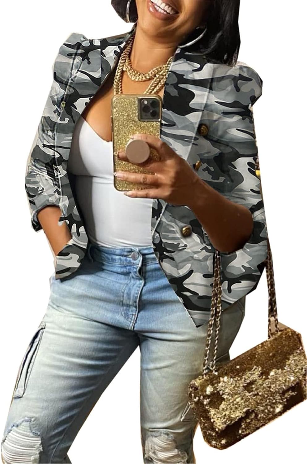 Women's Camouflage Print Double-Breasted Blazer Jacket, Long Sleeve Outwear Coat, Puff Shoulder, Grey Green Pink
