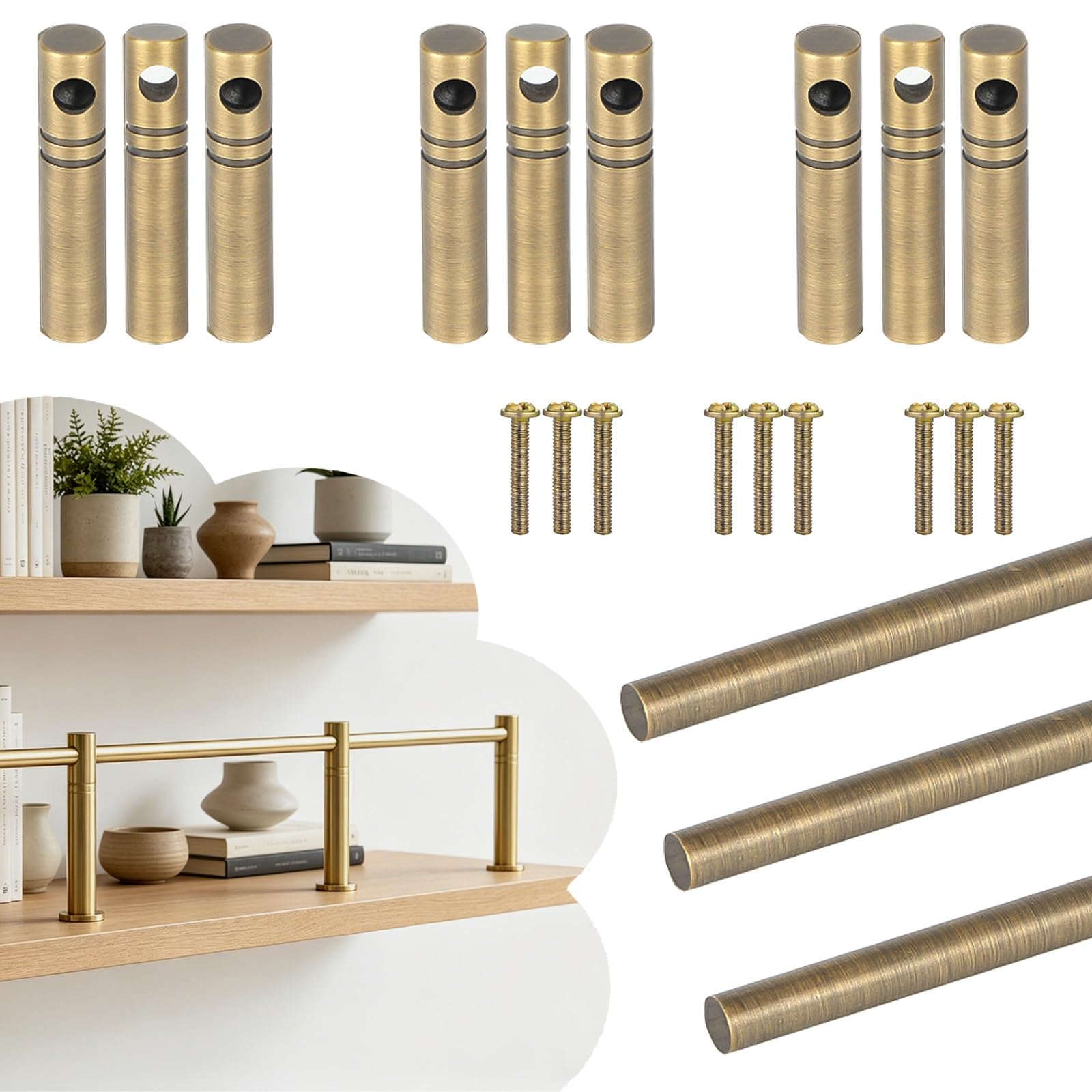 ERRULAN Set of 3 Decorative Brass Guard Railing, Gold Shelf Plate Rail with Spindles for Kitchen Cabinet Shelves, Anti-fall Long Round Tube Barrier Rod(Bronze,37in/94cm)