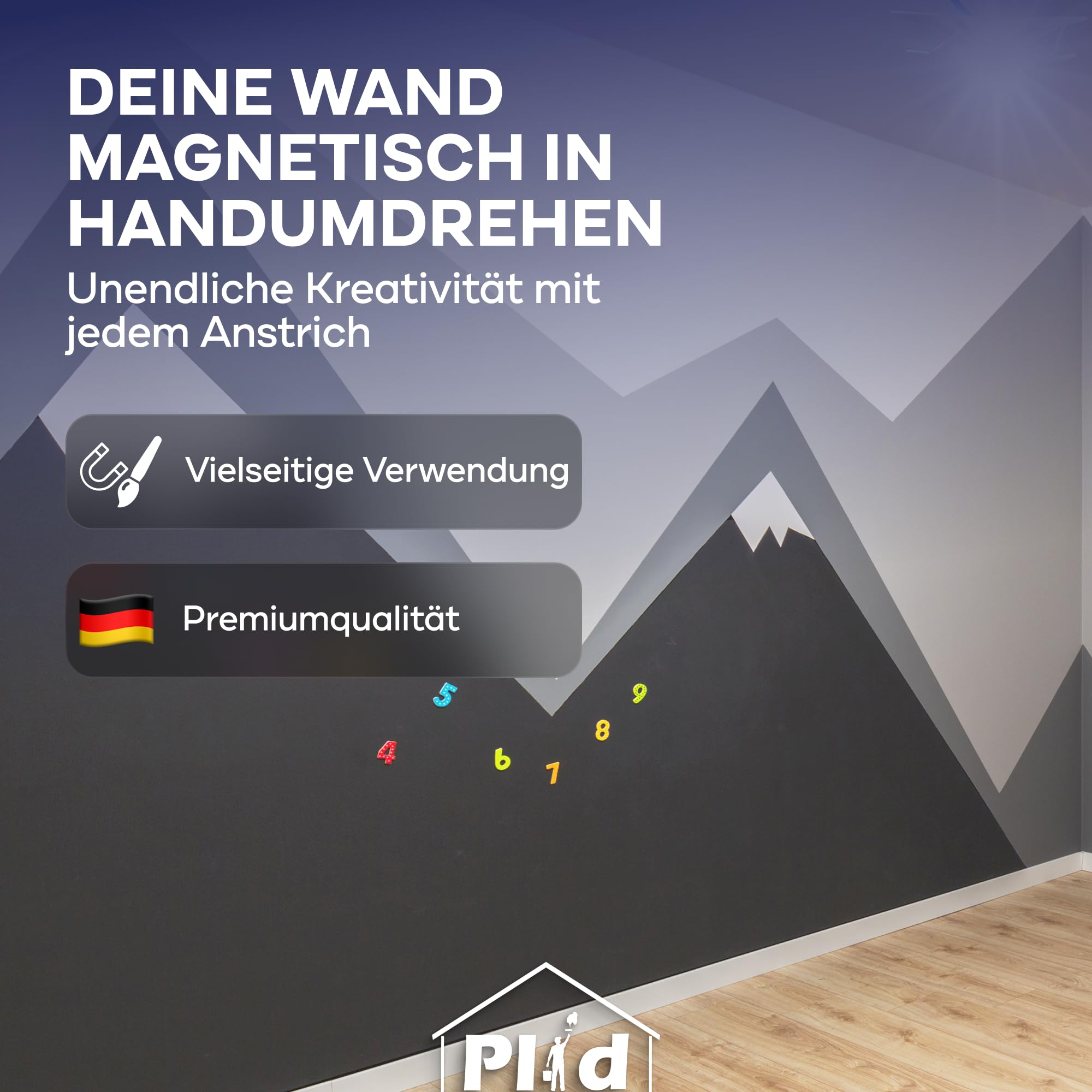 Plid® Magnetfarbe Extra Stark Anthrazitgrau [überstreichbar] - Magnetische Wandfarbe auf Wänden, Türen, Möbeln - z. B. Holz,-Metall- und Hartkunststoffoberflächen - Beton & Putzflächen 2,25L