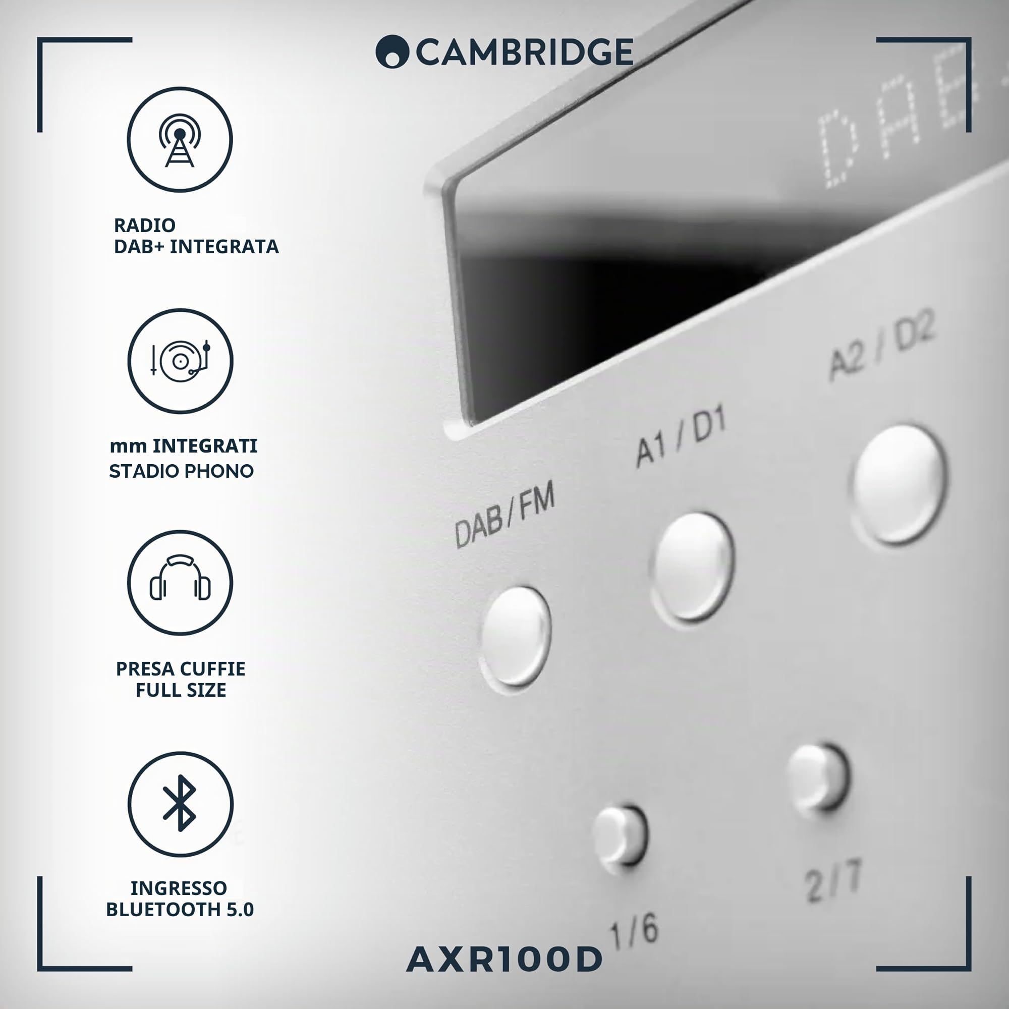 Cambridge Audio AXR100D - Ricevitore Hi-FI stereo separato da 100 Watt con stadio Phono integrato, Radio Dab/FM e Bluetooth 5.0 - Grigio Lunare