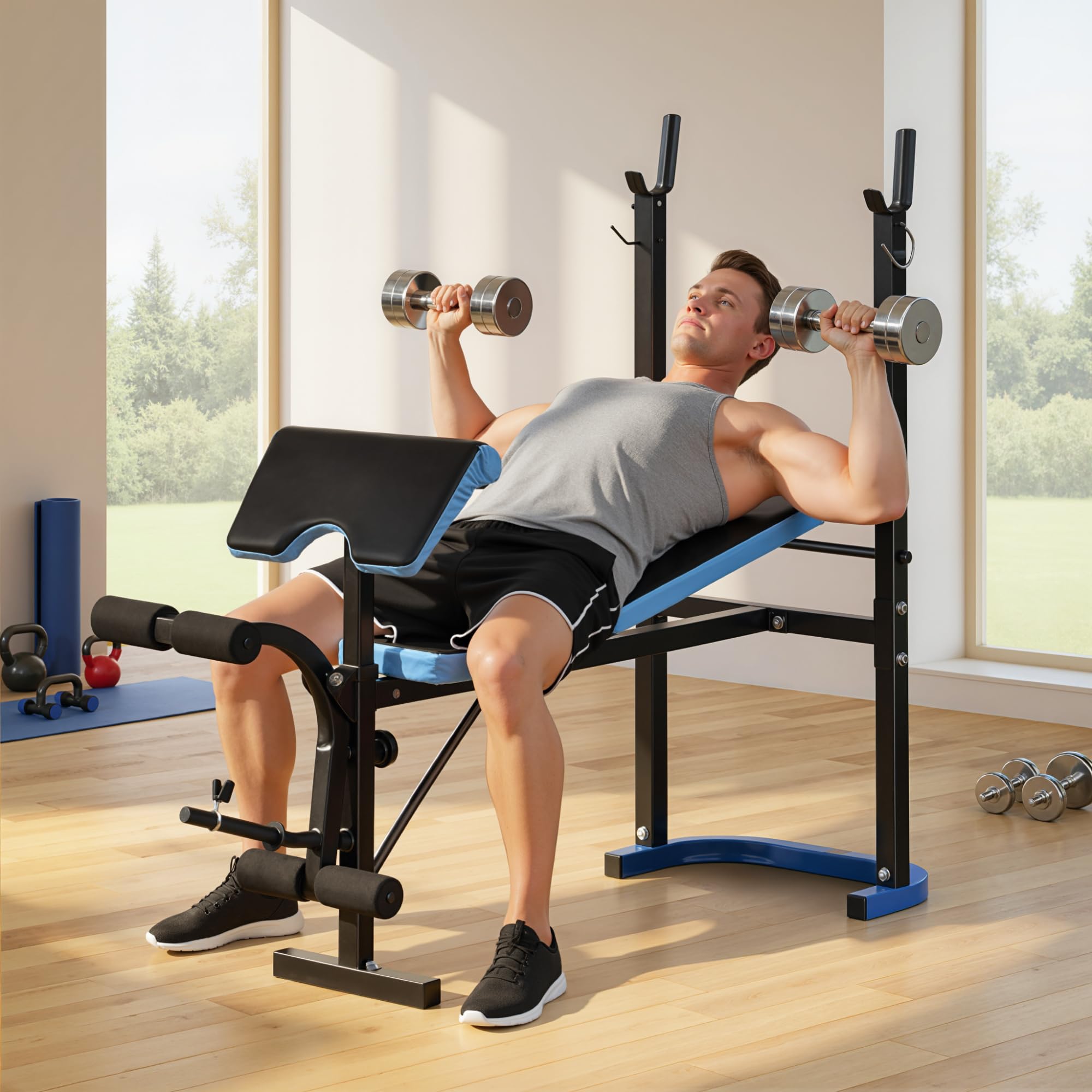 HOMCOM Banco de Musculación Multifuncional Banco de Pesas Negro y Azul | Soporte para Barra, Respaldo Ajustable, Entrenamiento Completos de Cuerpo, Casa Gimnasio