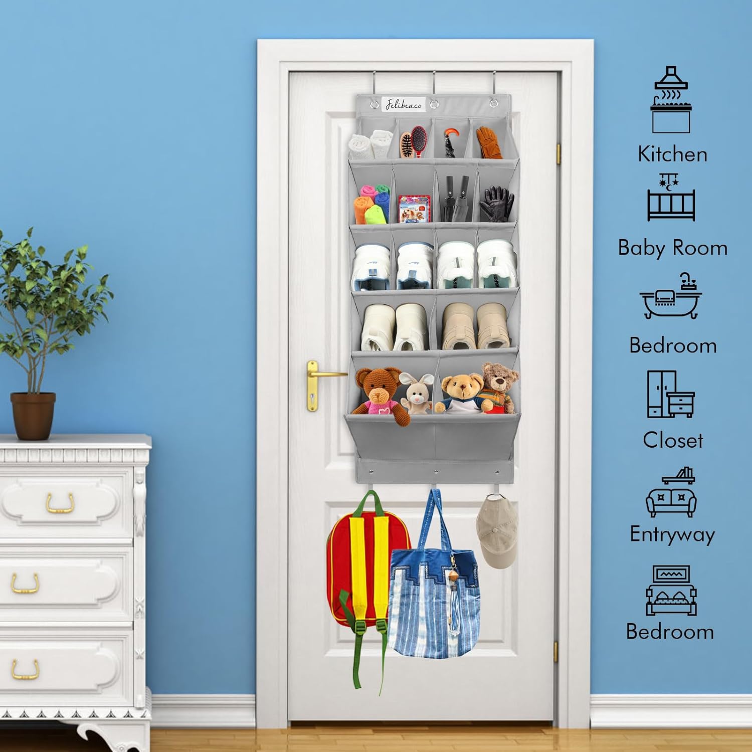 Over The Door Shoe Organizer, Hanging Shoe Organizer with 16 Large Deep Pockets, Sturdy Oxford 600D Fabric Door Shoes Hanger Rack for Closet,Dorm, Narrow Door, Gray