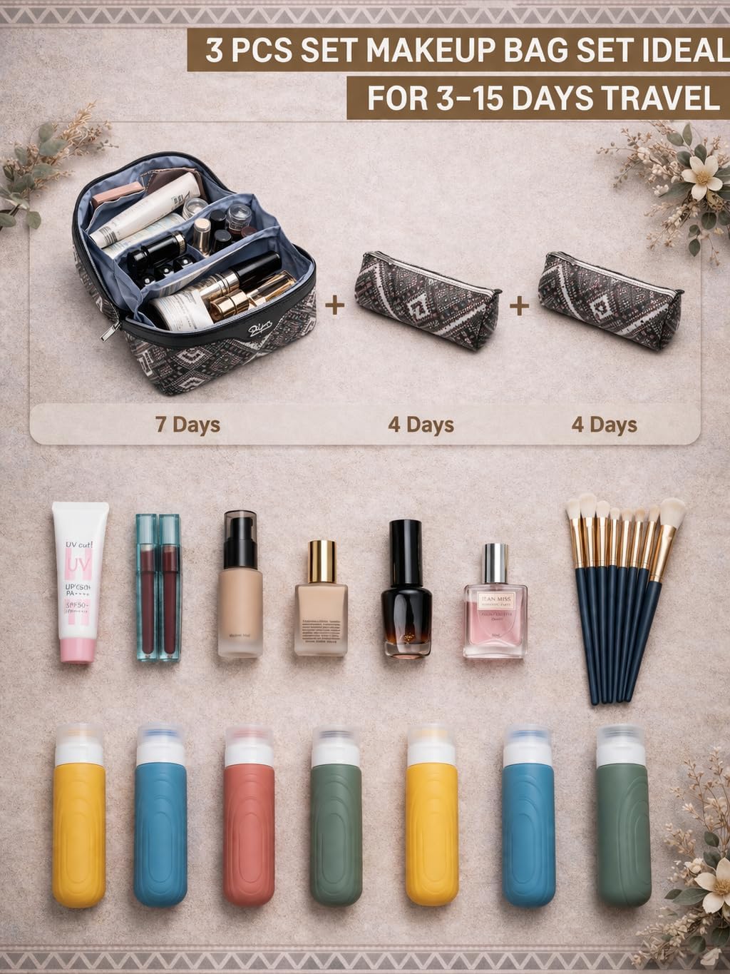 BOYATU Travel Makeup Bags for Women: Western Boho Chic Large Capacity Cosmetic Organizer - Wild, free, Unrestrained - 3Pc Waterproof Toiletry Set with Blush Compartment - No Chaos & Easy Clean Black