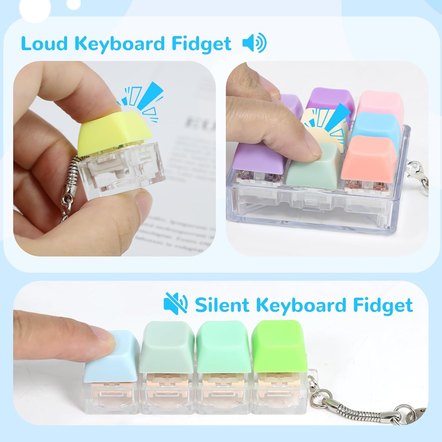 Keyboard Fidget Toys- 3Pcs Fidget Keyboard Clicker Keyboard Button Quiet Fidget Keychain Decompression Toys for Stress Relief Office Pass The Time or Gift (Style B)