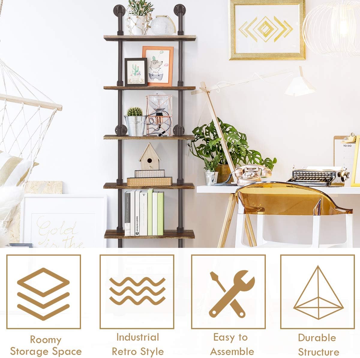 Amazing 🔥 Giantex 6-Tier Pipe Shelves, Easy to Install Industrial Wall Mounted Retro Rustic Wood Decor Farmhouse Ladder Bookshelf for Living Room, Apartment, Small Space