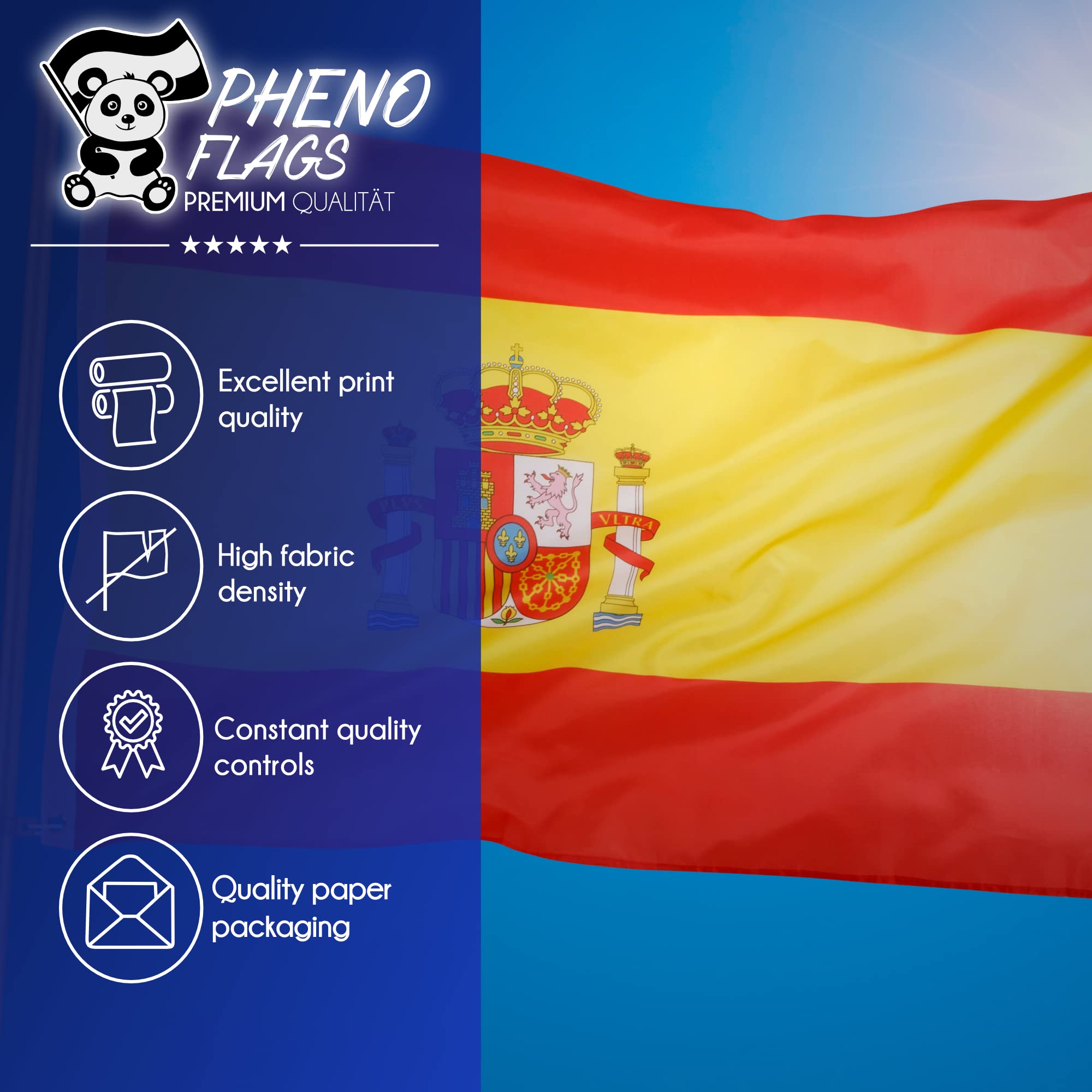 PHENO FLAGS Bandera Premium España 90x150 cm – extremadamente resistente a la intemperie con ojales metálicos y tecnología especial de sellado – doble dobladillo - colores brillantes y vivos