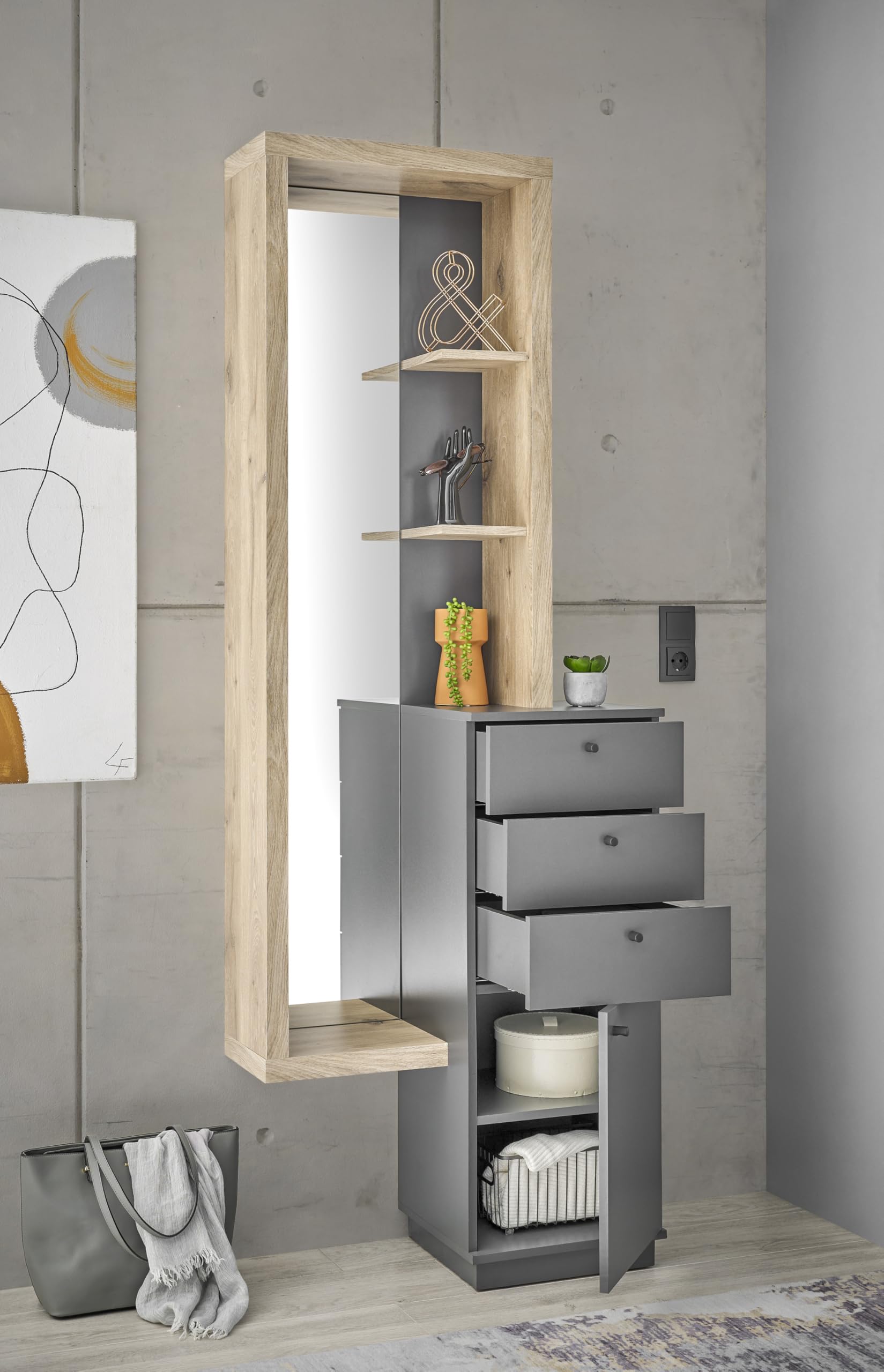 Stella Trading FRAME Porte-manteau mural Ensemble de vestiaires d'entrée en aspect Viking Oak, anthracite-Portemanteau moderne avec miroir pour votre entrée, 72 x 200 x 35 cm (L/H/P)