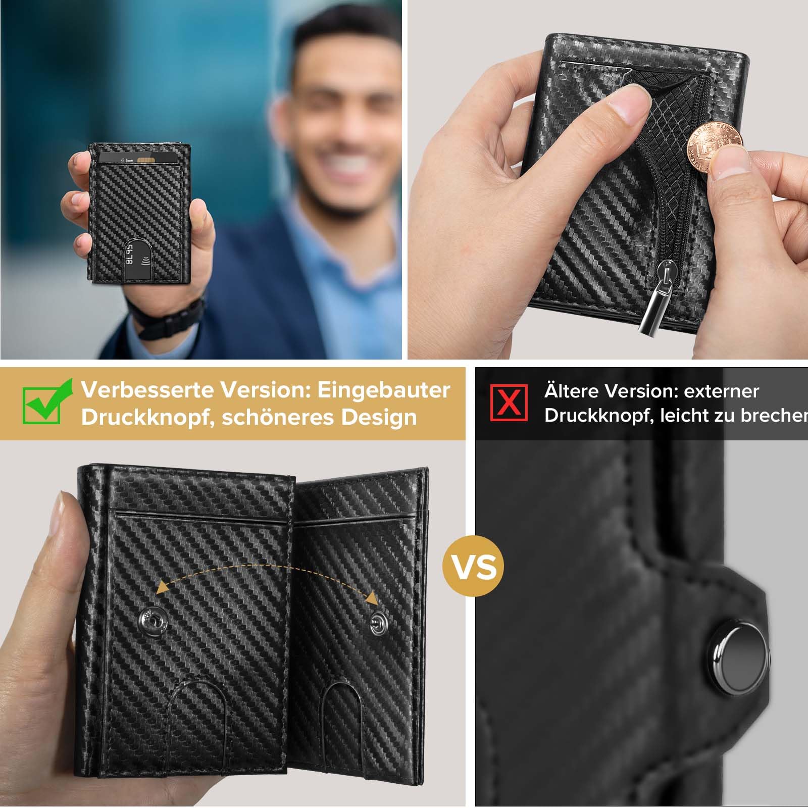 UNOSEKS Portafoglio da uomo – Portafoglio da uomo con protezione RFID, Tri-Fold Portafoglio da uomo Nessuno, Slim Wallet con scomparto per monete, 1 ID e 4 carte di credito, da uomo