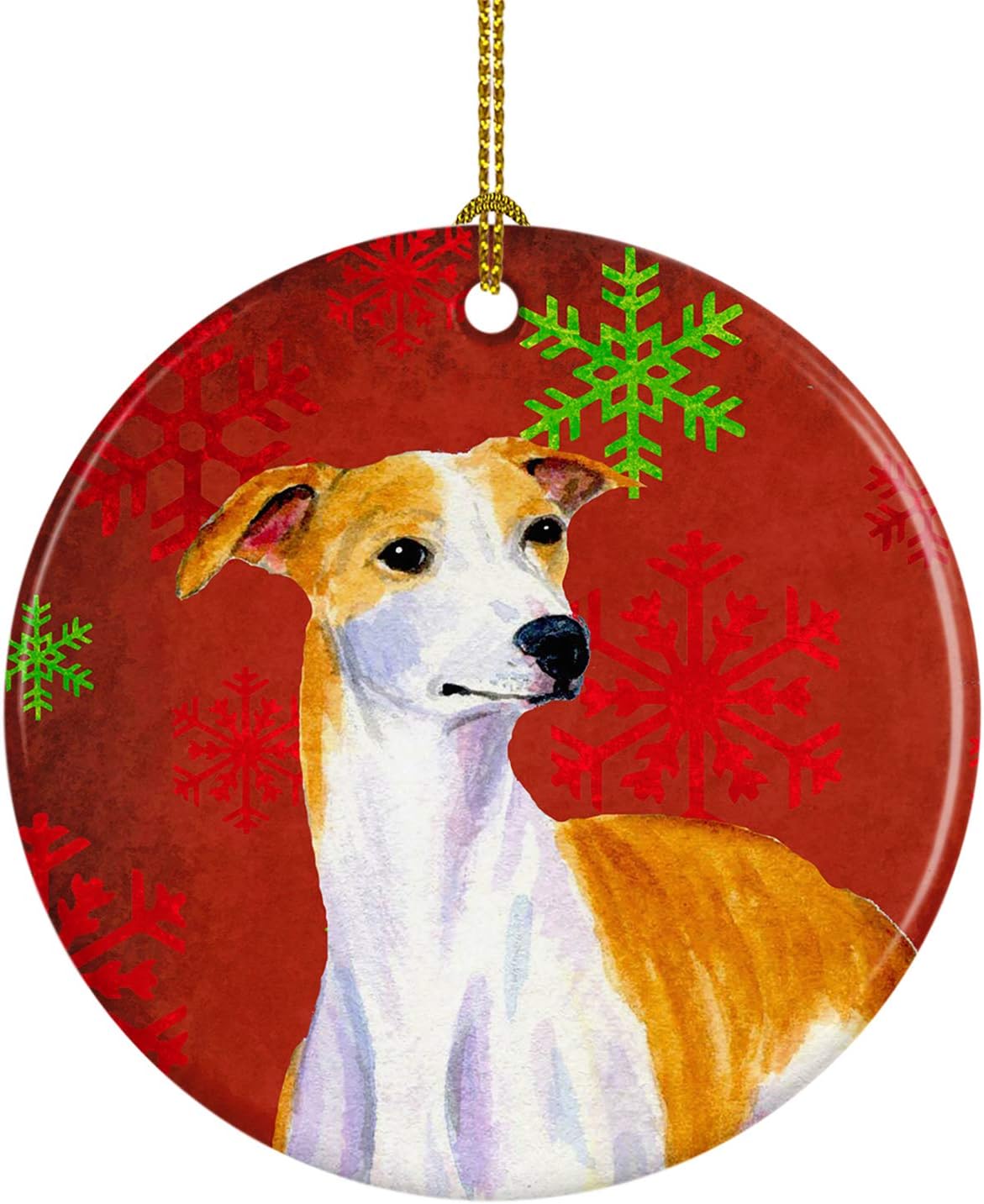 Caroline's Treasures Whippet Red and Green Snowflakes Holiday Christmas Ceramic Ornament Christmas Tree Hanging Decorations for Home Christmas Holiday, Party, Gift, 3 in, Multicolor | Whippet Red and Green Snowflakes Holiday Christmas artwork on a durable round ceramic ornament with hanging ribbon