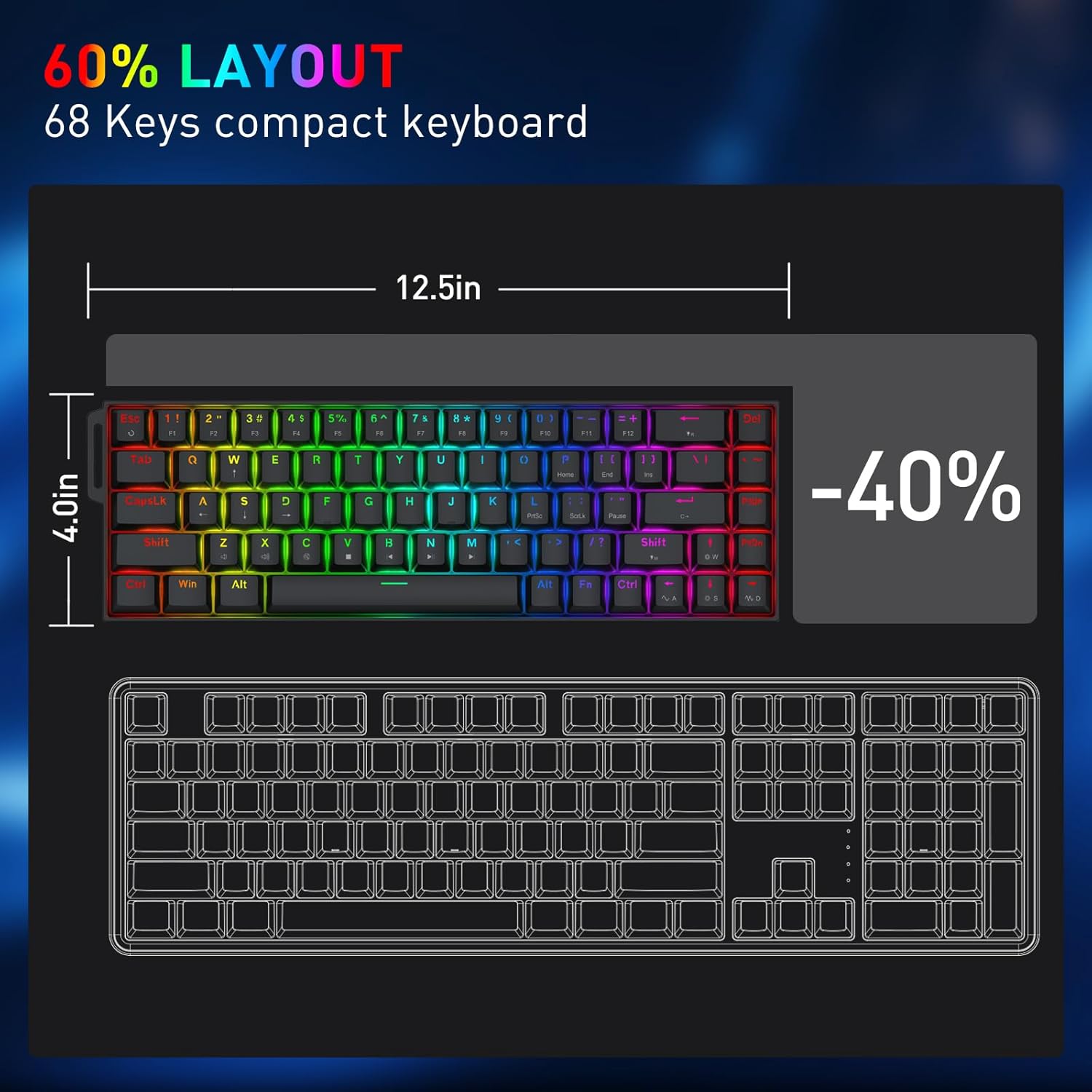 Redragon K631 HE keyboard dimensions and 60% layout comparison