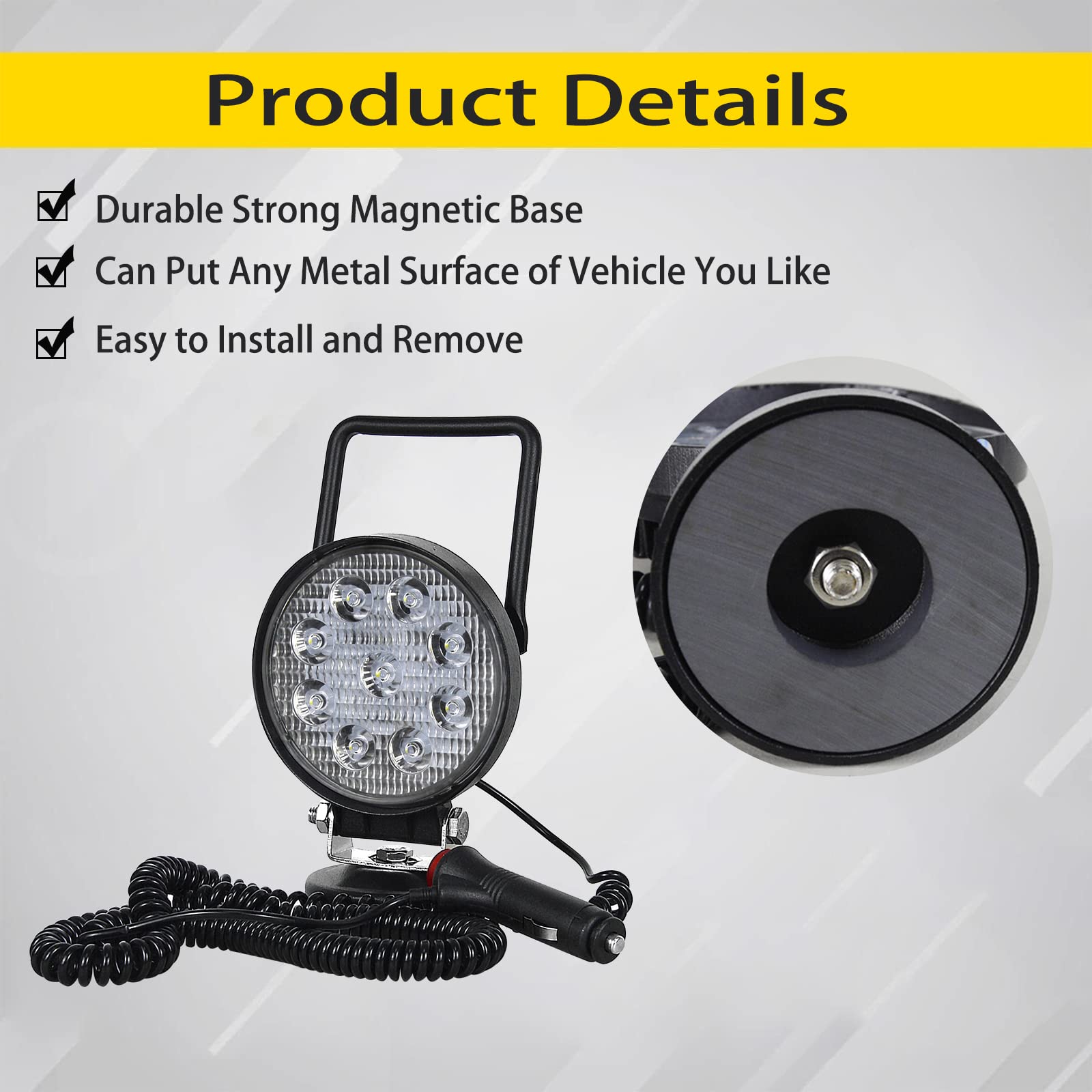 PICAA Redondo Faro Trabajo LED Con Base Magnética Focos de Coche, 2 Piezas 4 Pulgadas 27W Faros Led Tractor 4x4 Camino 12V 6000K Impermeable Luces de Trabajo Led Barra Led para Offroad ATV SUV Camión