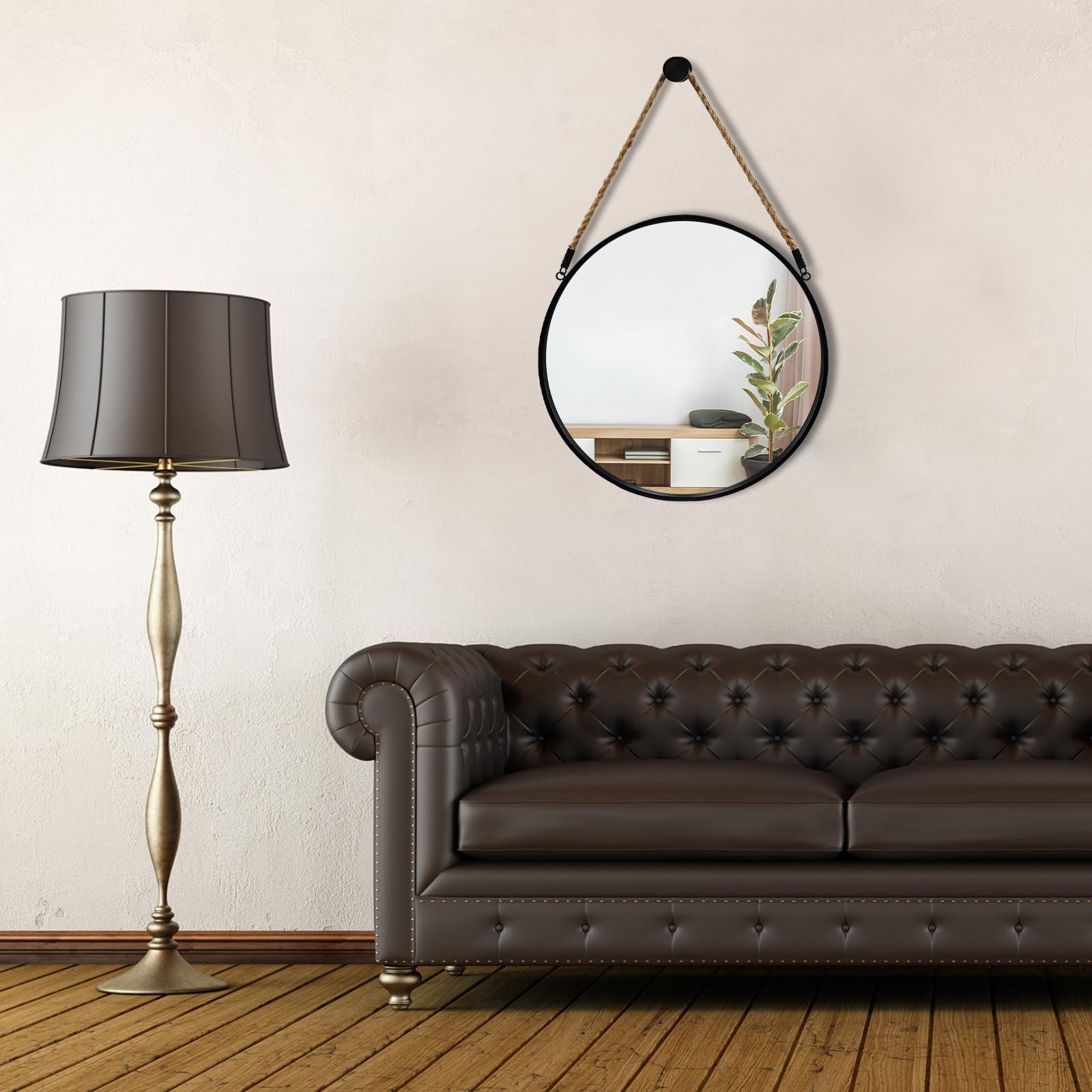 POZINO Miroir rond noir à suspendre, miroir en corde circulaire, miroir de ferme de 38,1 cm avec corde de suspension pour salle de bain, chambre à coucher, salon, entrée, décoration d'intérieur