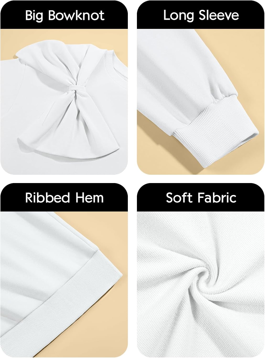 Fisoew Womens Oversized Sweatshirt Bow Tie Long Sleeve Crewneck Casual Fall Pullover Tops White - Image 6