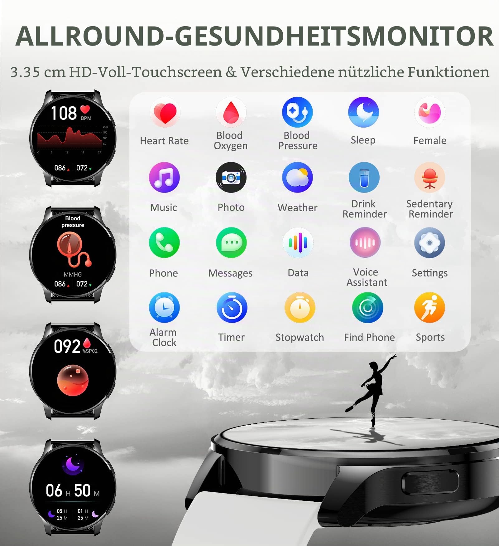 Iaret Smartwatch Damen Herren mit Telefonfunktion, 1.32 Zoll HD Voll Touchscreen, Smartwatch mit SpO2 Pulsuhr Menstruationszyklus Schlafmonitor Schrittzähler Kalorien