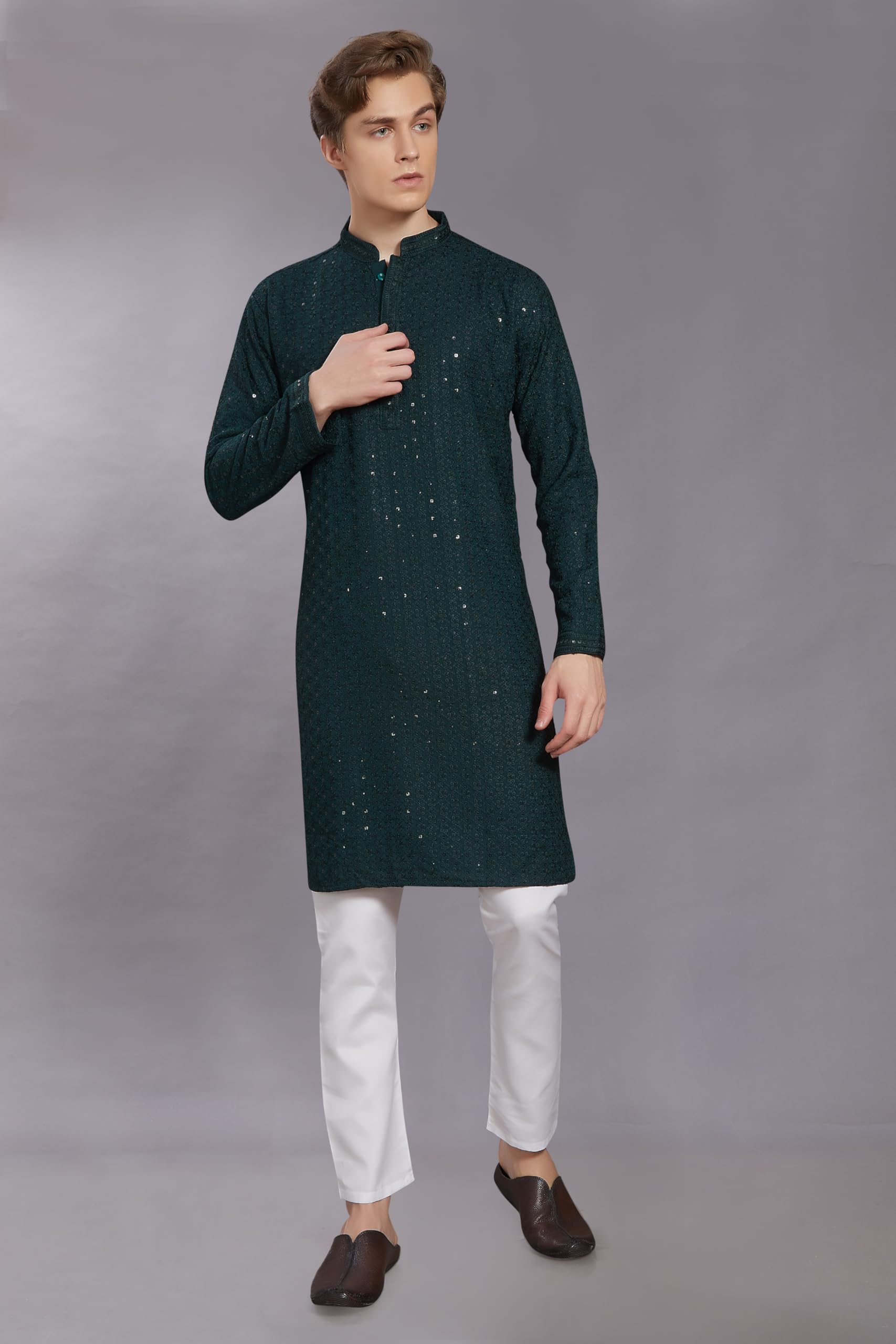 Divisive Men's Sequince Embroidered Cotton Blend Only Slim Fit Kurta (Dkrt234_Xxl_Green)