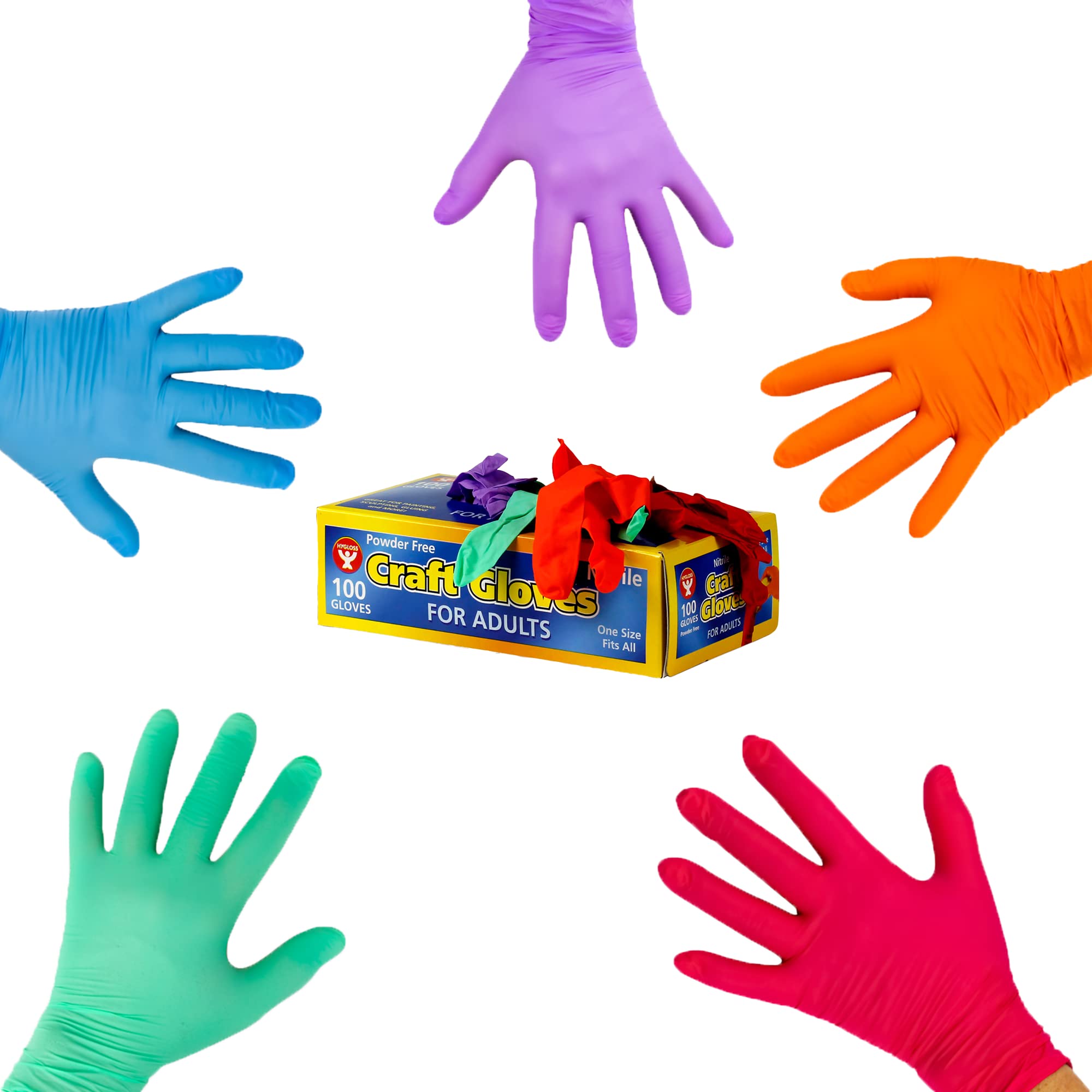 Hygloss Colored Nitrile Gloves – 100 Gloves Disposable (Latex-Free) for Cleaning, Baking, Gardening, Dishwashing, 5 Assorted Colors, Adult Size (1 Box