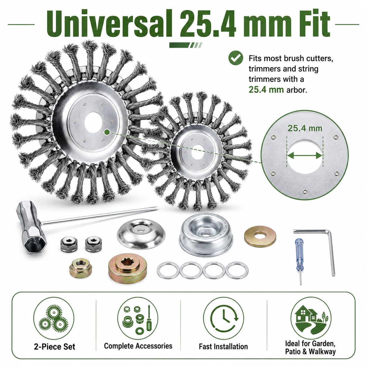 Profi Unkrautbürste für Freischneider, 2 Stück 6 & 8 Zoll Wildkrautbürste für Motorsense, Drahtbürste Freischneider mit 25,4 mm Bohrung & 20 mm Adapter, inkl. Zubehör für Moos und Unkraut