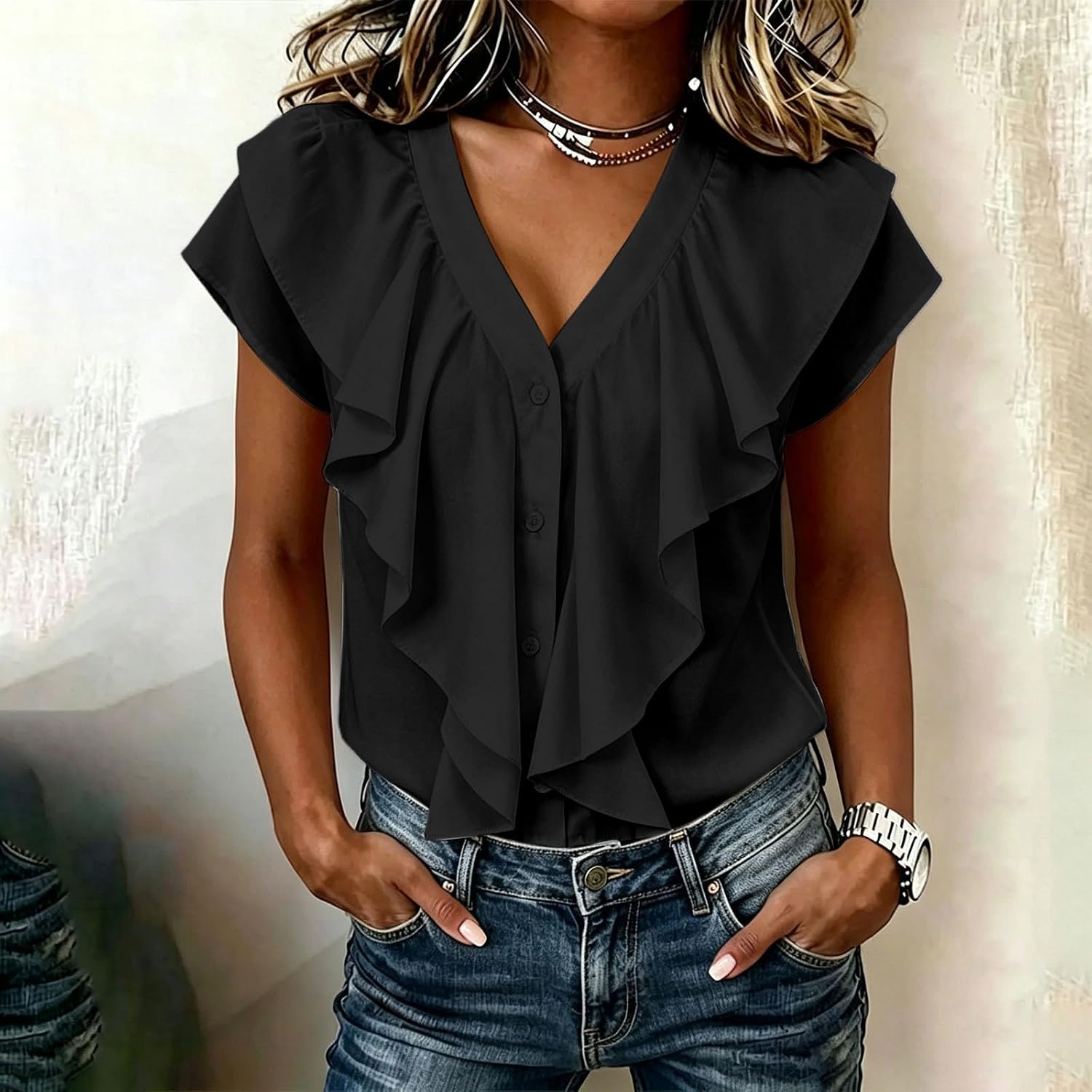 Women's Elegant Ruffle Double Layer V Neck Blouse Short Sleeve Button Down Dressy Casual Summer Shirt Office Top