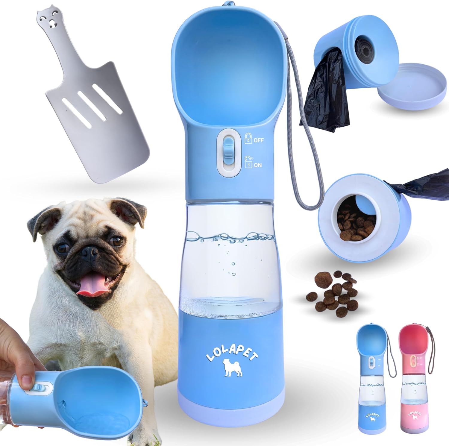 Dog Water Bottle 4 in 1 – Portable Travel Pet Water Dispenser with Bowl, Food Container, Poop Bag Holder & Waste Shovel – Bottle for Walking, Hiking & Outdoor Adventures, BPA-Free