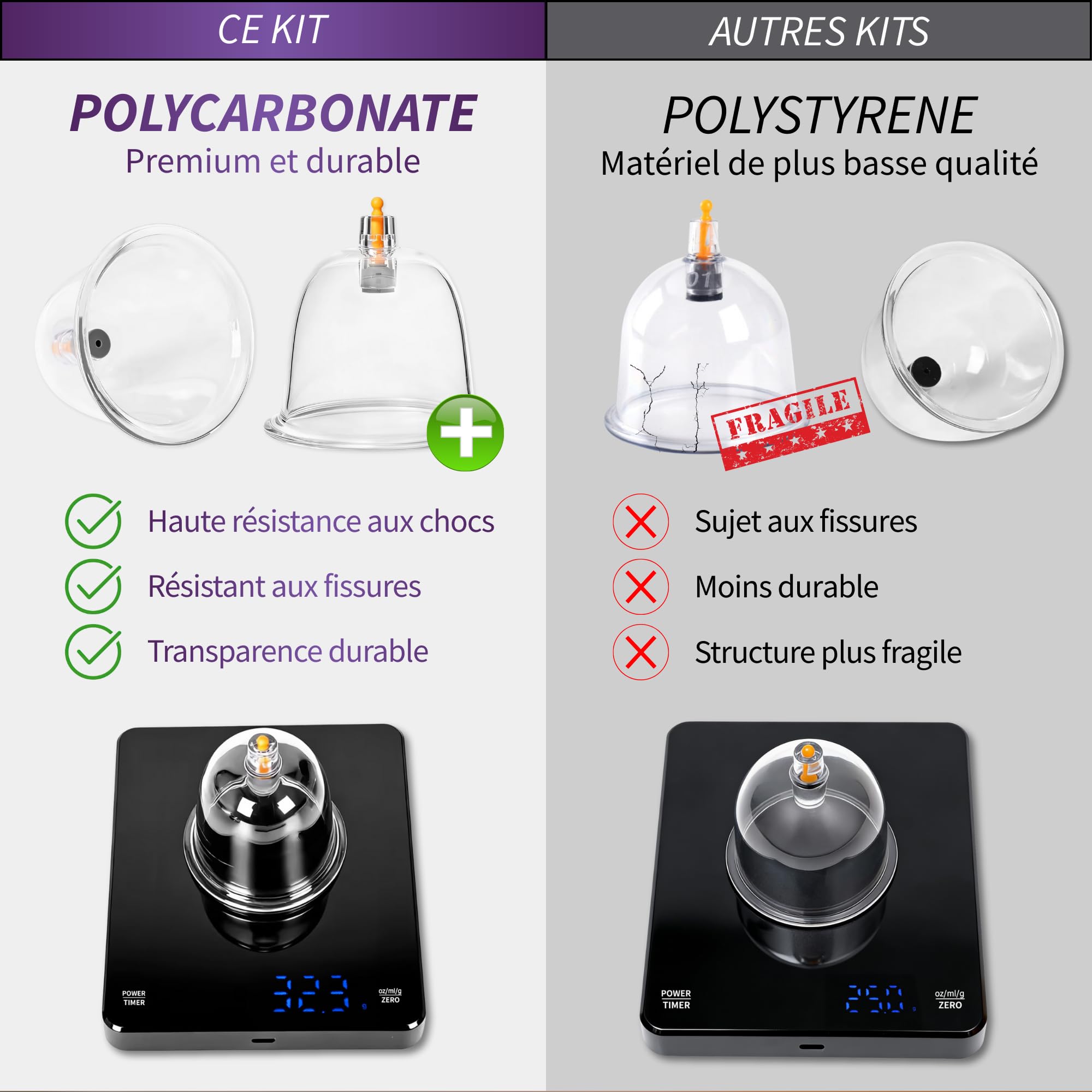 Uplife Kit de Ventouses Thérapeutiques en Polycarbonate - Instructions en Français - Ventouses Chinoises et Kiné pour Massage Anti Cellulite et Cupping - Dos Hijama (12 ventouses, 12, unité)
