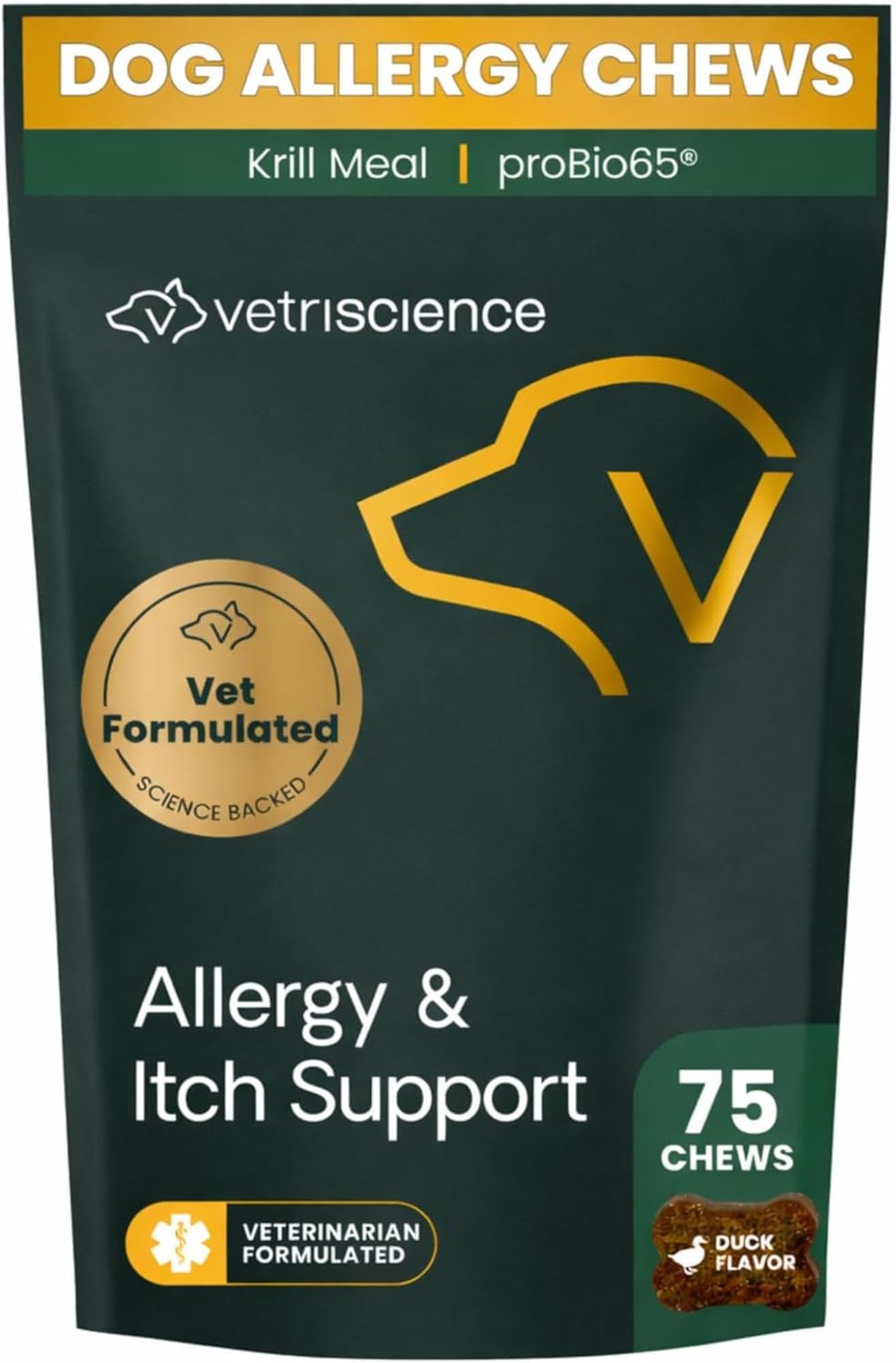 Allergy & Itch Support Chews, Skin Supplement for Dogs, Itching, Scratching, and Licking, Support Immune Health, Duck, 75 Count