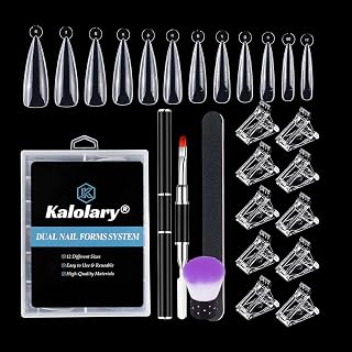 Kalolary Dual Nail Forms Set, 120pcs Dual Forms Nails with 10pcs Acrylic Nail Tips Clip Nail Art Dust Remover Brush Nail File and 1pcs Dual-Ended Poly UV Gel Brush, Professional Nail Manicure Kit
