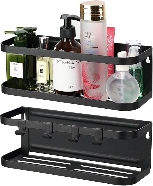 Magnetic Spice Rack 2 Pack Magnetic Refrigerator Shelf Wall Mount Metal Seasoning Storage Rack Fridge Organizer Utensils Towel Book Shelves Home Kitchen Spice Jar Containers Holder W/ 4 Hooks -Black