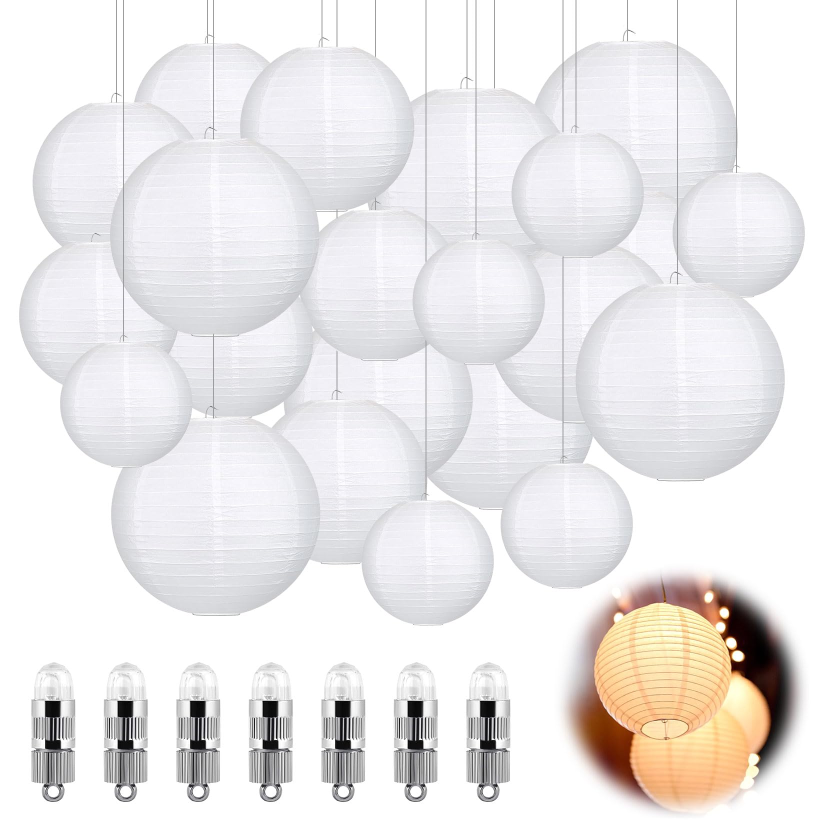 Idota 30 Stück Papierlampions Weiß mit LED Lichter, Hängende Papierlaternen mit 30 Warmweiß Mini LED Ballons Lichter Runde Papier Lampenschirm für Deko Hochzeit Gartenparty (Ø 15cm/20cm/25cm/30cm)