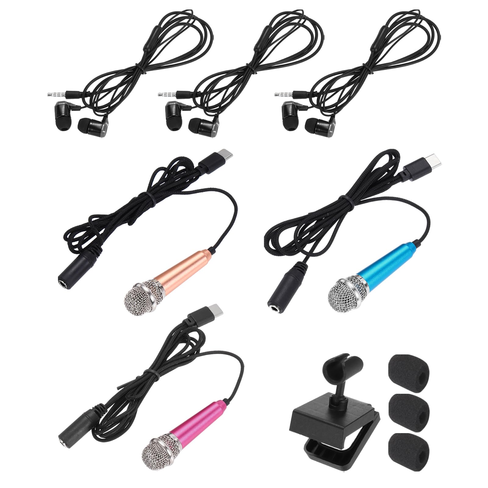 MECCANIXITY 3 Pcs Mini Microphone, Mini Mic Tiny Microphone Phone Type C Mic Small Microphone with Bracket, Sponge Cover, Earphones for Record Phone Voice, Gold/Hot Pink/Blue