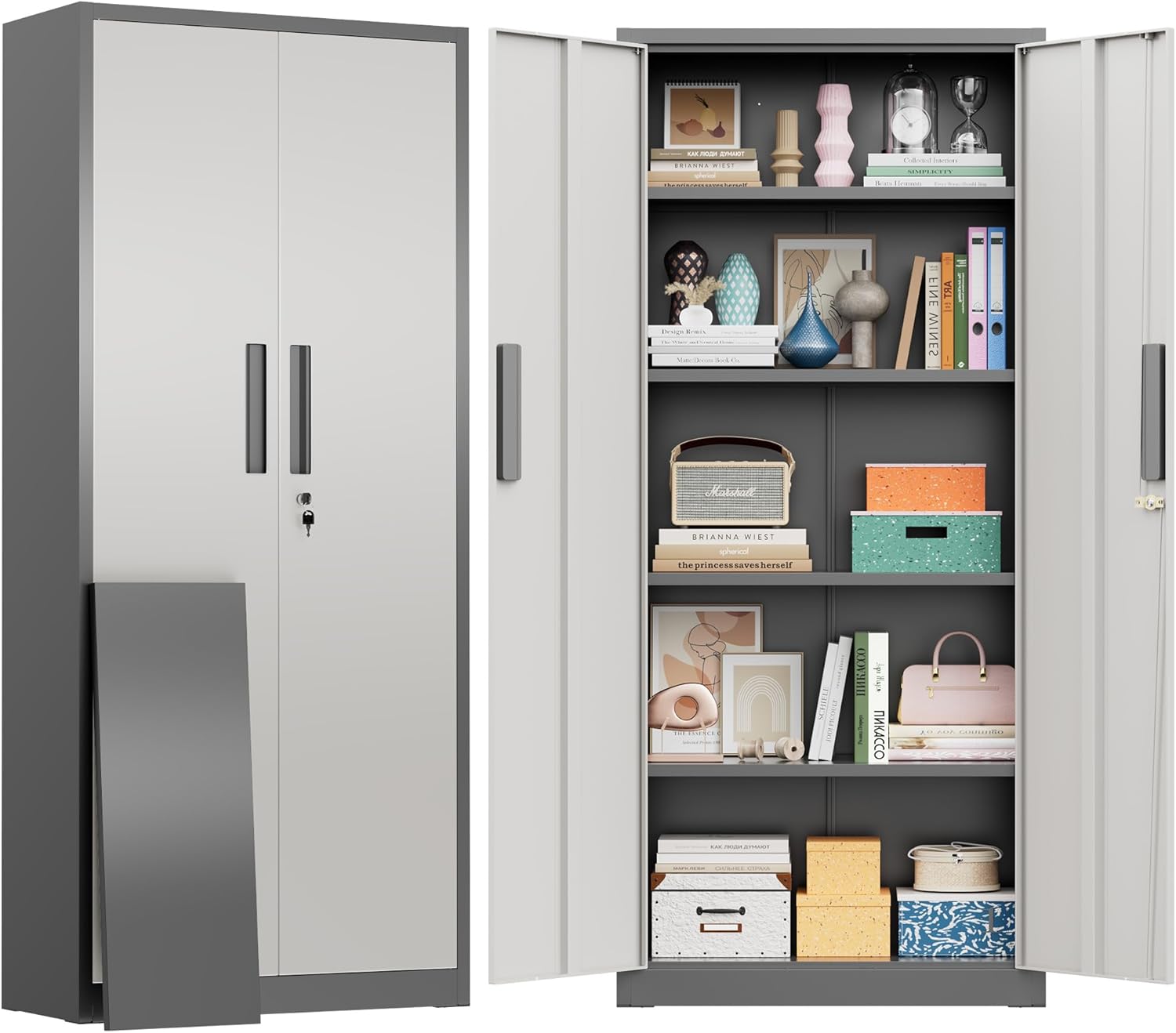 Greenvelly Metal Storage Cabinet, 63" H Locking Metal Storage Cabinet with Doors and 4 Shelves, Lockable Steel Cabinets for Kitchen, Bedroom, Living Room, Office (White Grey)
