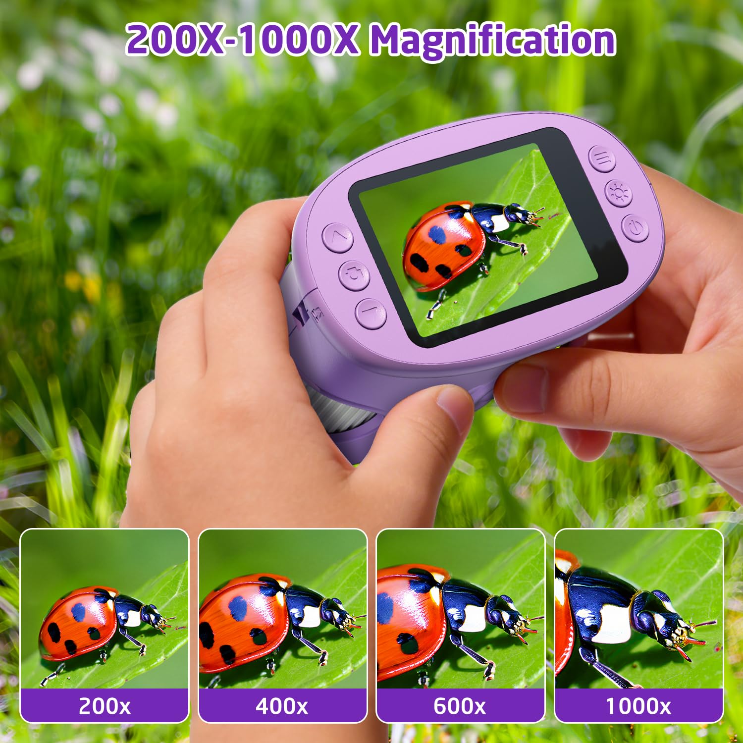 Microscope Numérique pour Enfants, YYCT écran 2 Pouces HD 1080P Microscope Enfant, 1000X Rechargeable Microscope pour Expériences Scientifiques en Extérieur, à partir de 3 Ans (Purple)