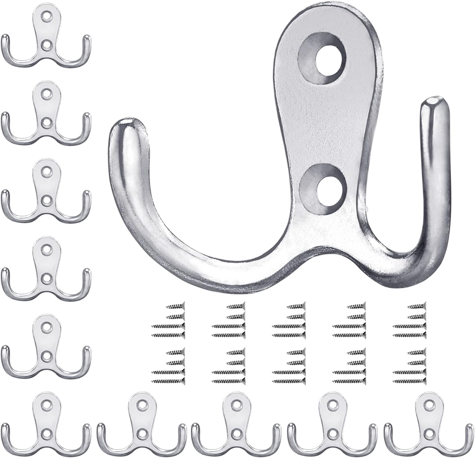 Clothes Hooks Silver Pack of 10 Vintage Coat Hooks with Screws Metal Double Hooks Wall Hooks for Bathroom Kitchen (Silver, Pack of 10)