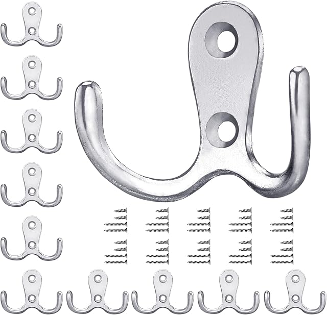 Gorffy Door Hooks 10 Pcs, Double Coat Hooks with 40 Screws, Retro Silver Coat Hooks for Door & Wall, Heavy Duty Metal Door Hooks Screw in for Hanging Robe, Towel, Coat, Bag & Hat (Silver, 10 Pcs)