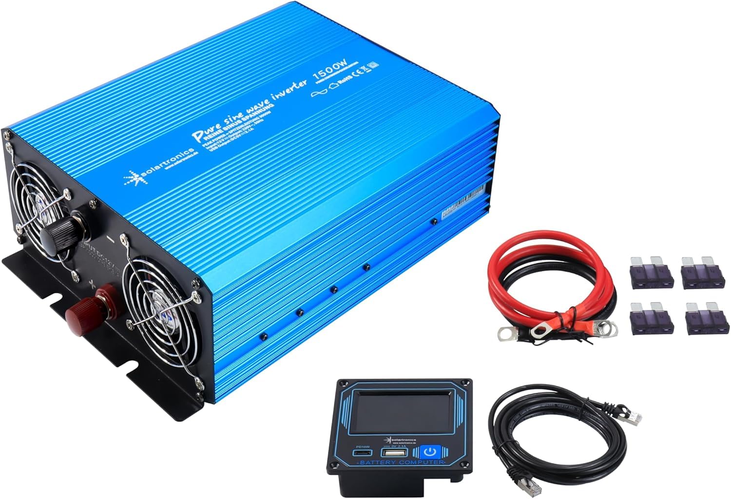 solartronics Zestaw solarny 1500 W, przetwornica napięcia sinusoidalnego, regulator ładowania LCD 30 A, USB-A i USB-C, pilot zdalnego sterowania wyświetlaczem, kabel przyłączeniowy