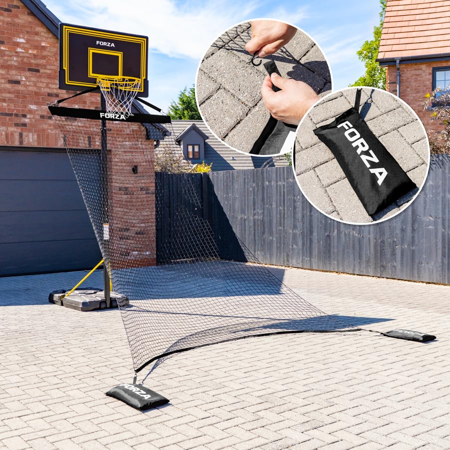 FORZA Filet de Retour de Basketball Solo | Entraîneur de Rebond de Basketball Portable pour la Pratique Individuelle du Tir – Filet Durable Résistant aux Intempéries avec Sac de Transport et Sacs de