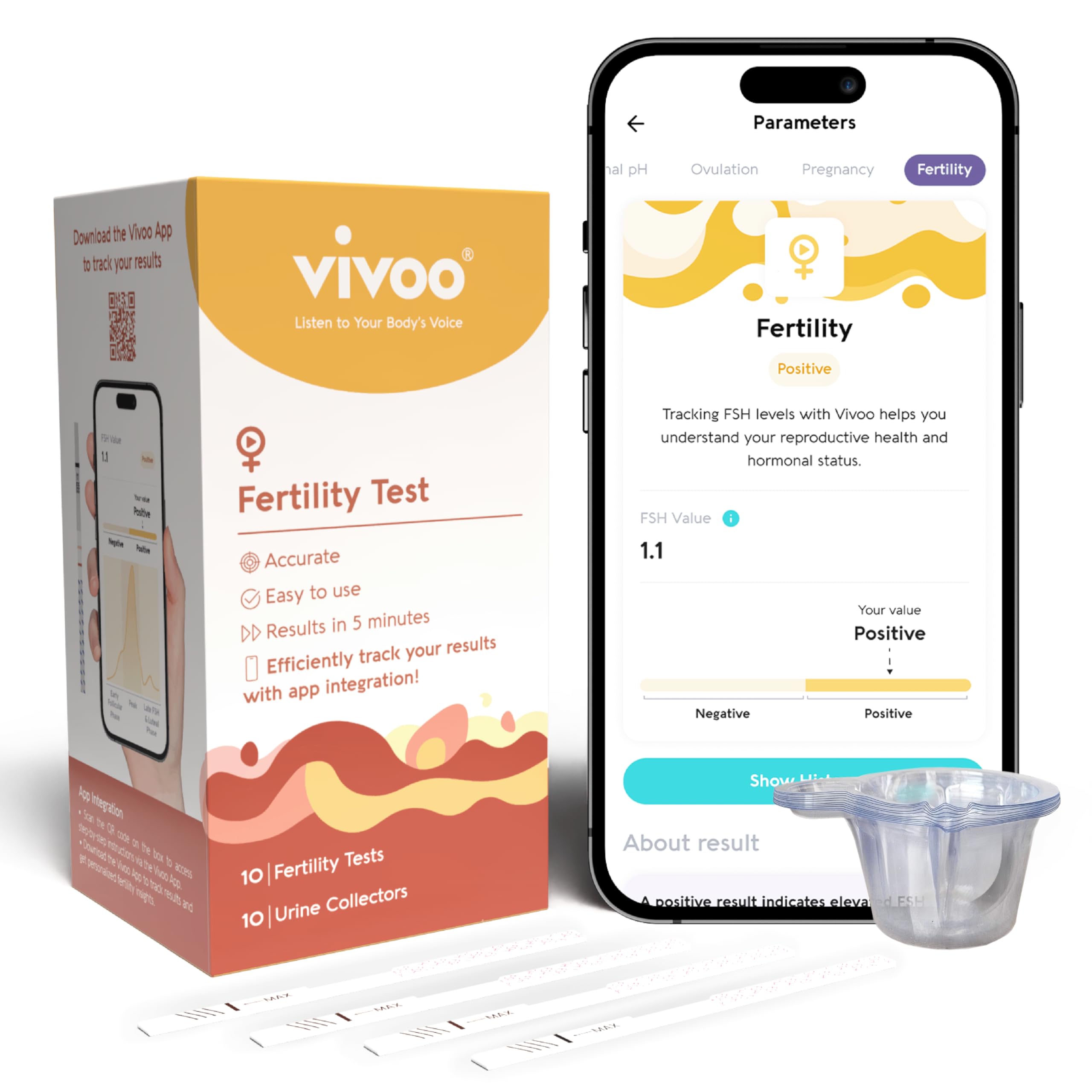Vivoo Fertility Test – At-Home FSH Test to Monitor Ovarian Reserve, Scan & Track with Free Vivoo App, 10 Individually Wrapped FSH Tests + 10 Urine Collectors