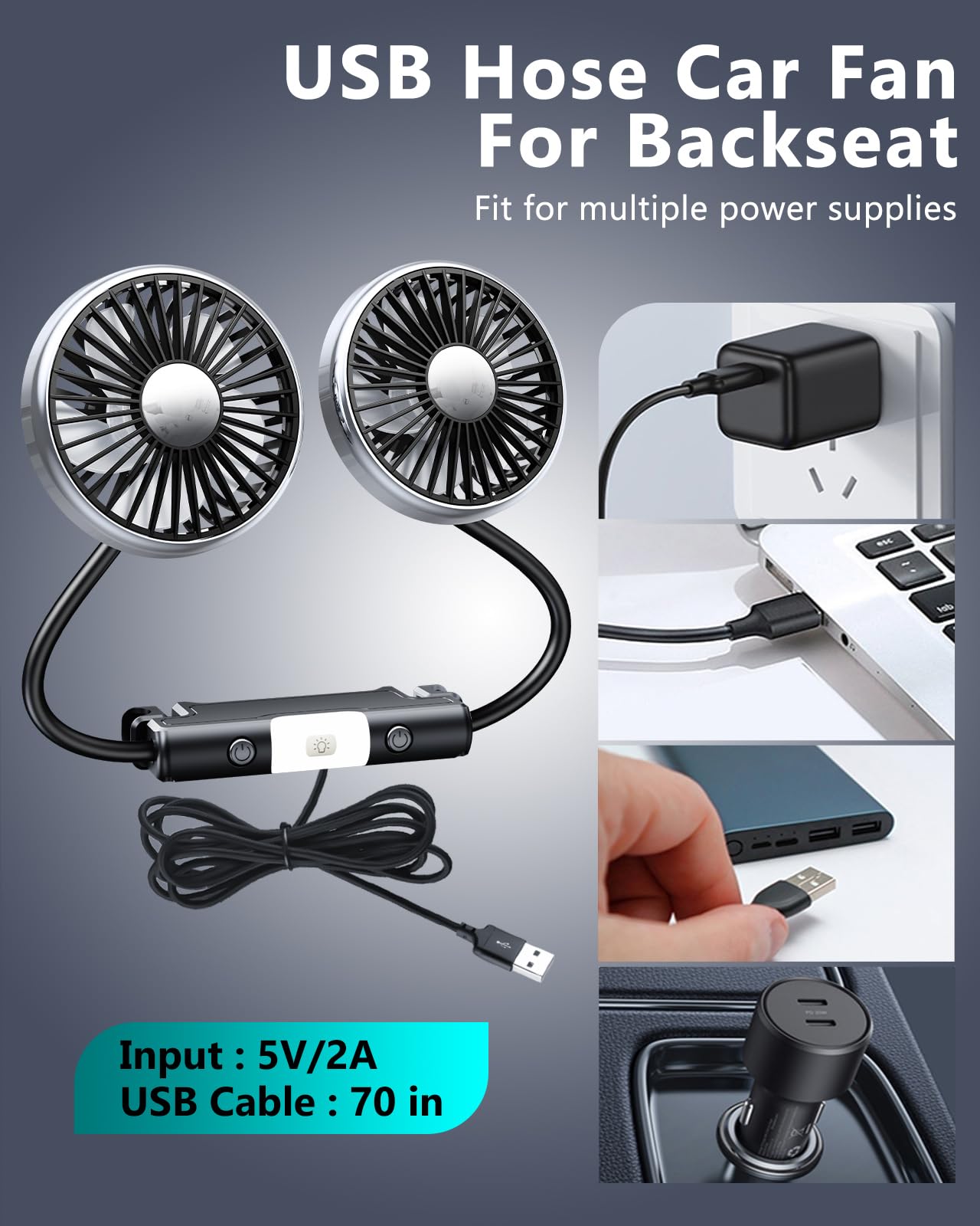 360° Schlauch-Kühlventilator für Auto Rücksitz, Kinder & Baby nach hinten gerichtet – Tragbarer USB-Ventilator für Auto, SUV, Wohnmobil & Pickup (Kopfstütze) – 3 Geschwindigkeiten & LED-Licht