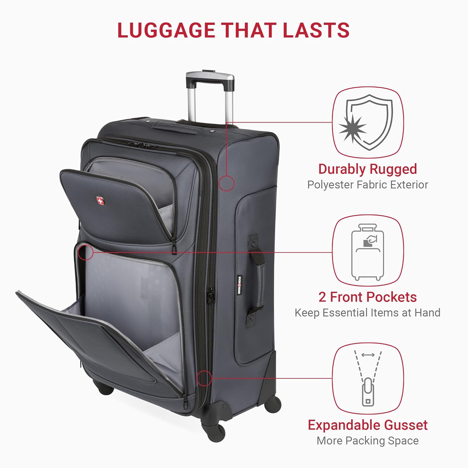 SwissGear Sion 3-Piece Softside Expandable Luggage Set – Includes 21-Inch Carry-On and 25 & 29-Inch Checked Suitcases with 360-Degree Wheels and Retractable Handles – Dark Gray 4 SwissGear Sion 3-Piece Softside Expandable Luggage Set – Includes 21-Inch Carry-On and 25 & 29-Inch Checked Suitcases with 360-Degree Wheels and Retractable Handles – Dark Gray - Image 4