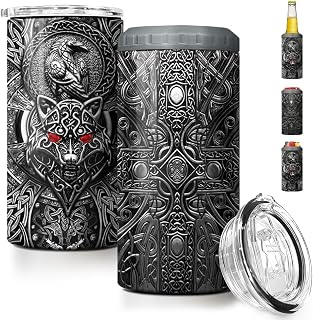 SANDJEST Wolf Tumbler Raven Viking 4 in 1 12oz Tumbler Can Cooler Coozie Skinny Stainless Steel Tumbler Gift for Men Dad Son Father Husband Christmas Birthday