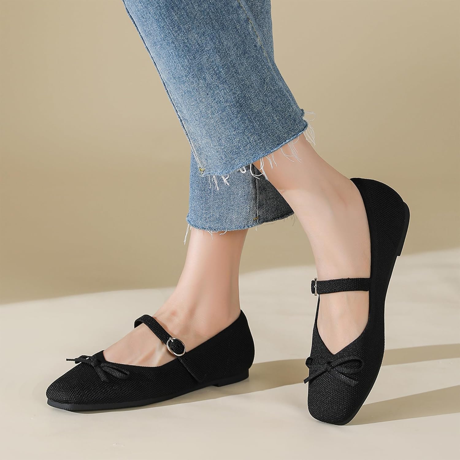 Knit Flats for Women Square Toe Flats Casual Ballet Flats with Ankle Strap,Washable Comfortable Dressy Mary Jane Flat - Image 3