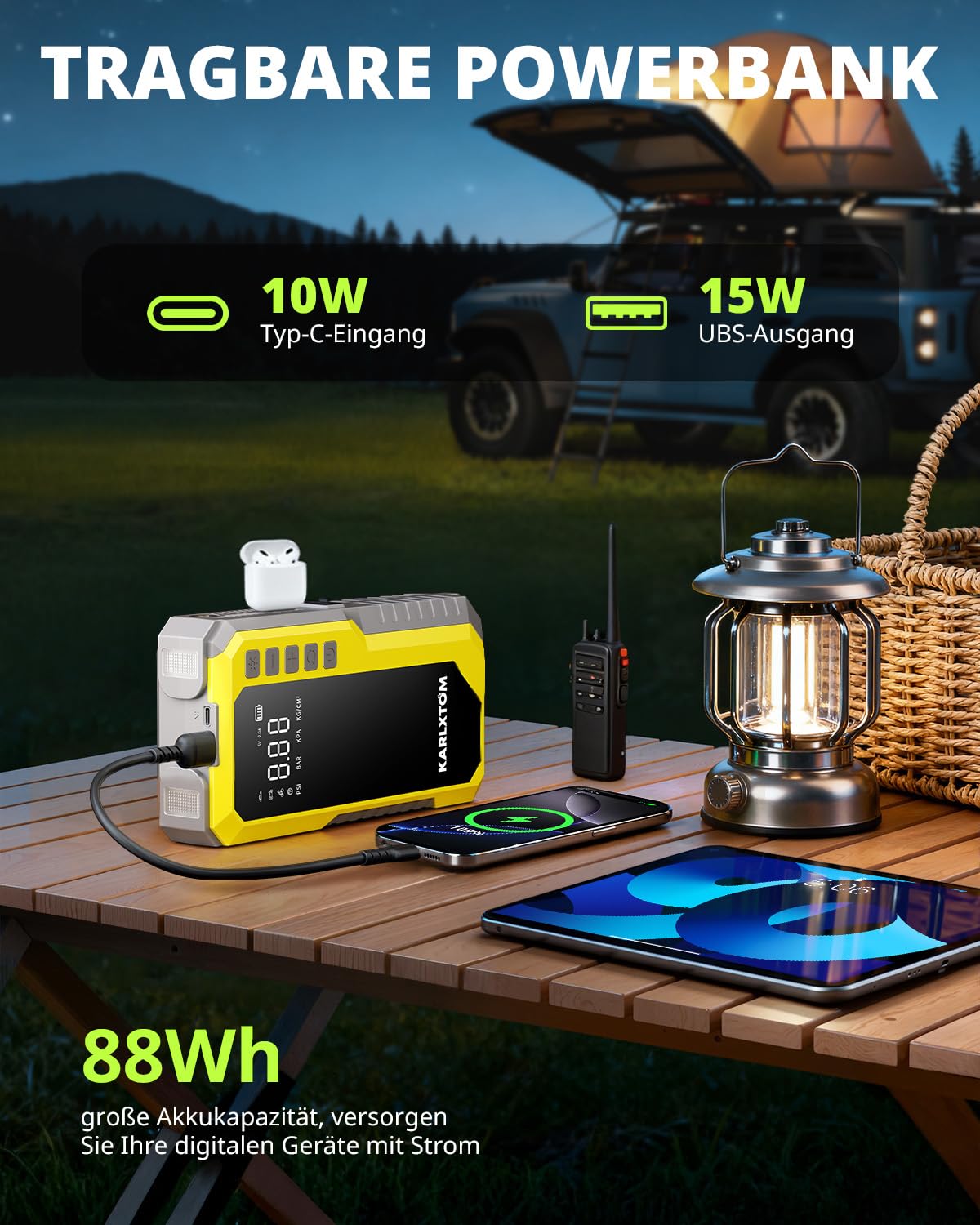 Karlxtom Starthilfe Powerbank für Pkw mit 190PSI Kompressor, 88Wh Auto Starthilfe Powerbank für All Benzin und 10L Dieselmotor, 4500A Starter Powerbank und 500LUM LED-Licht, LCD-Anzeige