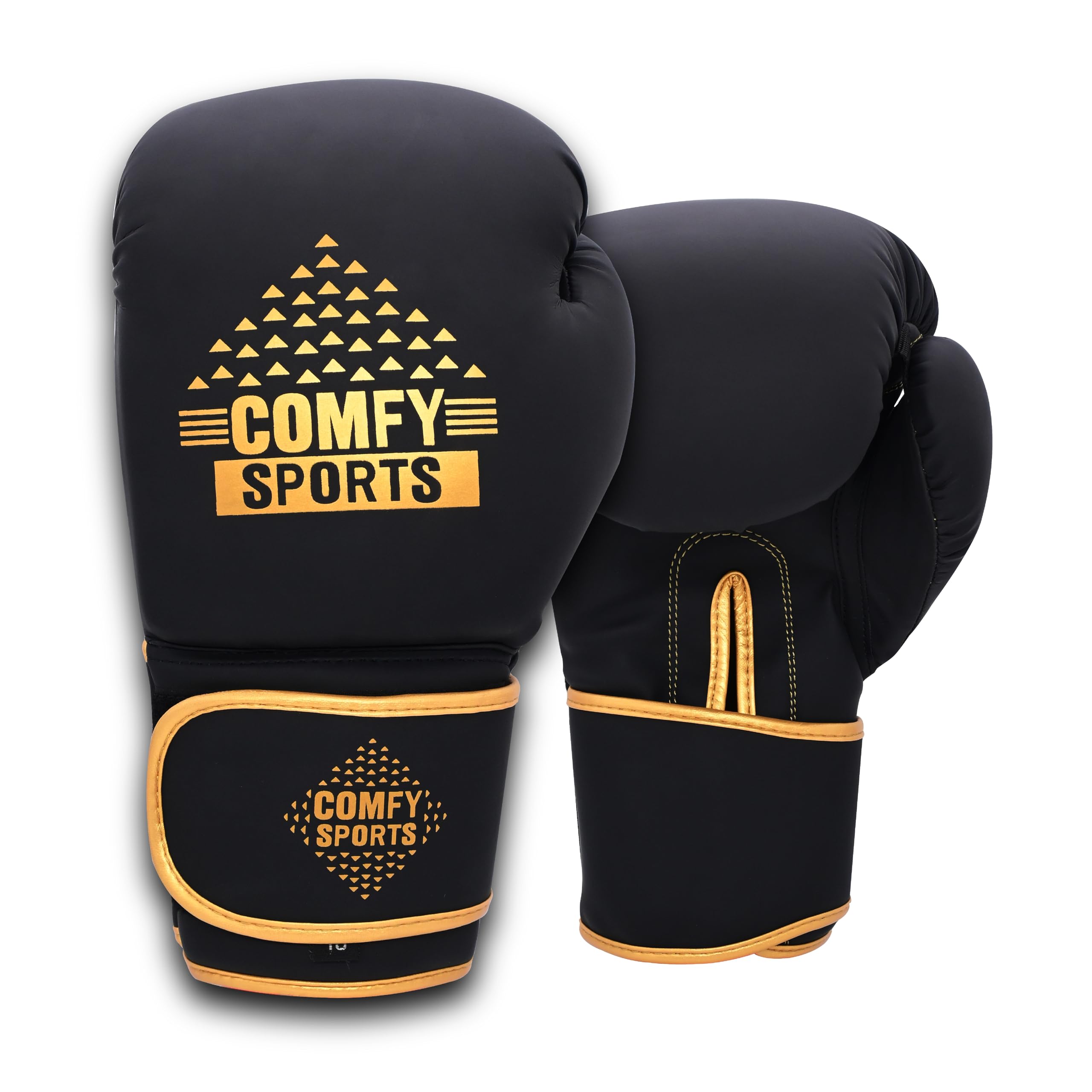 Comfy Boxing Gloves With Triangle logo, Pro Training Sparring, Muay Thai MMA Kickboxing, Maya Hide Leather Men Women Adult, Heavy Punching Bag Mitts Pads Workout, 10,12,14,16 oz (Gold, 12 oz)