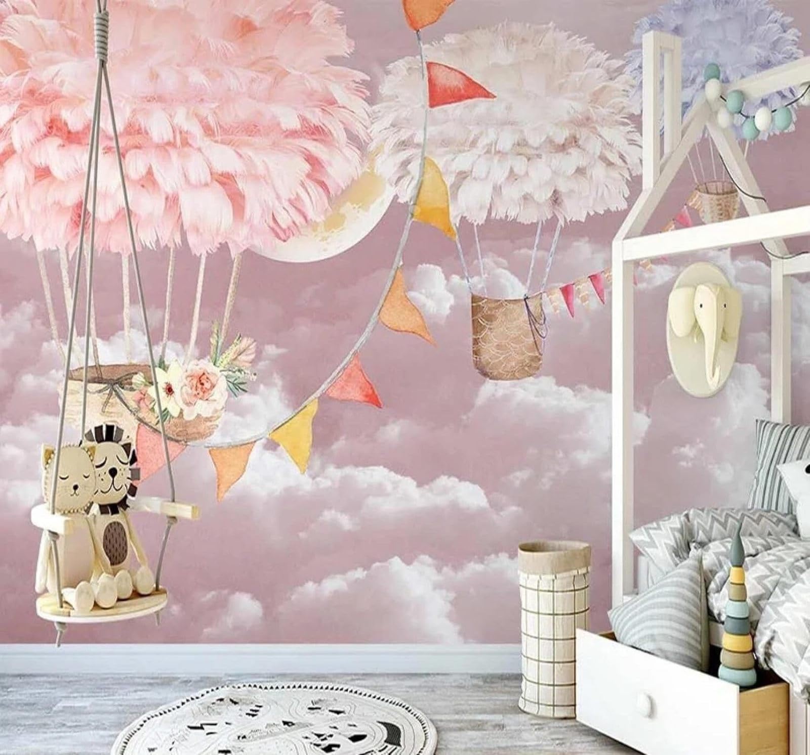 XLMING Hand Drawn Romantic Hot Air Balloon Pink Starry Sky 3D Wallpaper Luxury Home Dining Decor Paste Sofa Living Room The Wall for Bedroom Mural-200cm×140cm