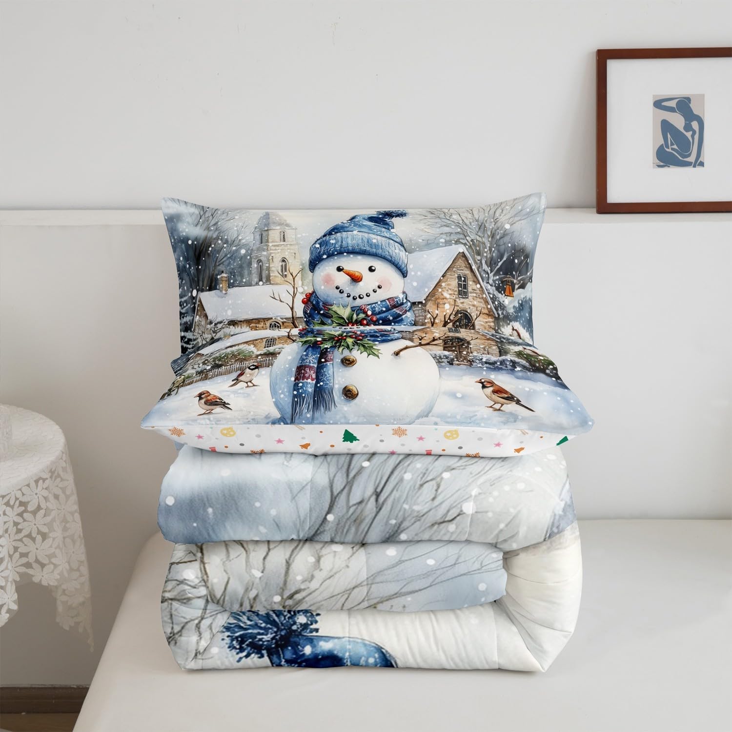 Cute Snowman Bedding Sets Cartoon Watercolor Birds Wild Plants Comforter Set for Kids Teens Adults Christmas Rustic Farmhouse Style Comforter Duvet Set with 2 Pillowcases Full Size 3 Pcs