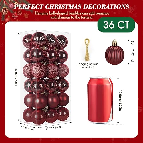 Miniatura 9 de Juego de 36 adornos de bolas navideñas, bolas de árbol de Navidad de 1.97 pulgadas con cuerdas para colgar, 6 acabados clásicos, decoración de